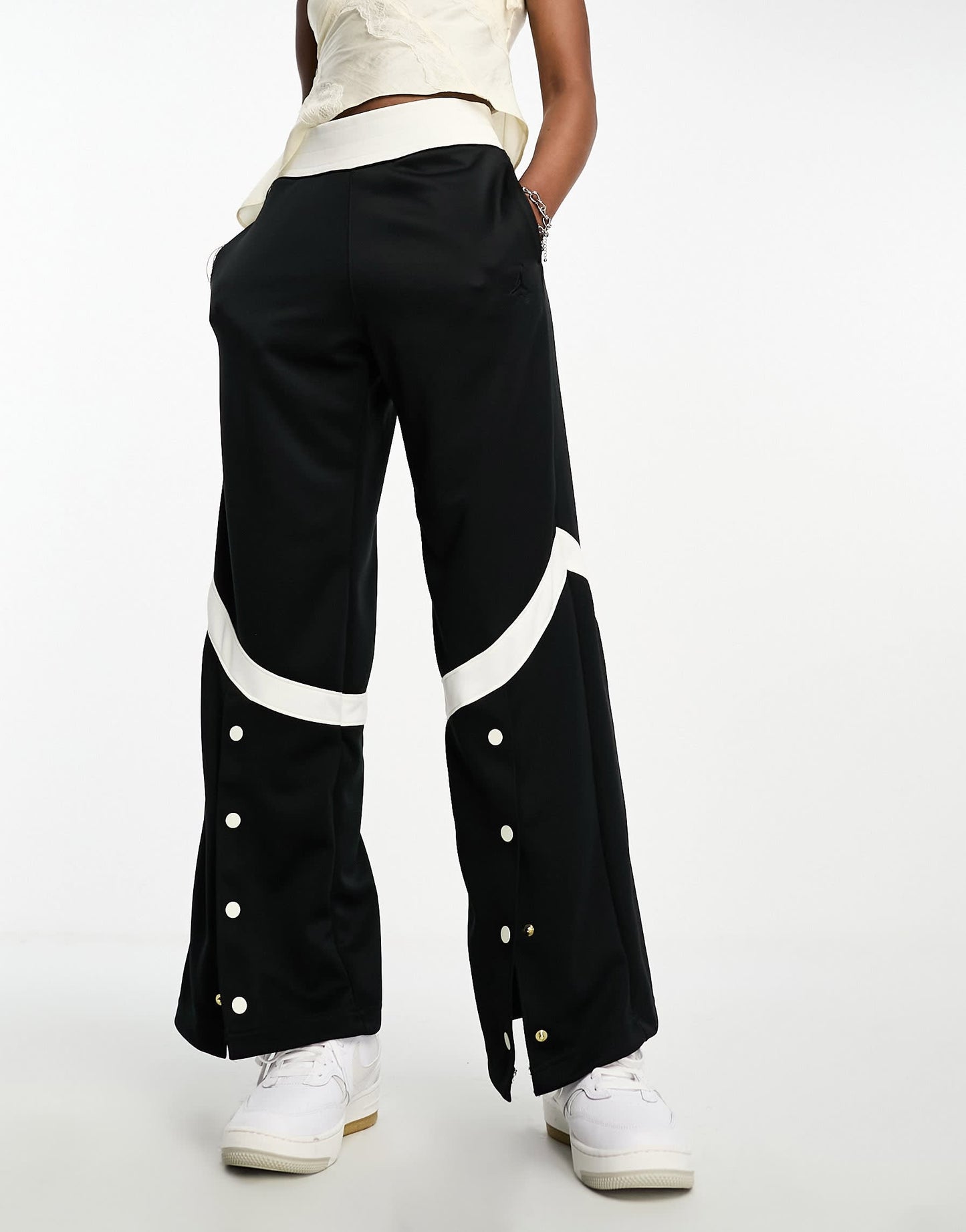 Jordan heritage wide leg popper trousers in black