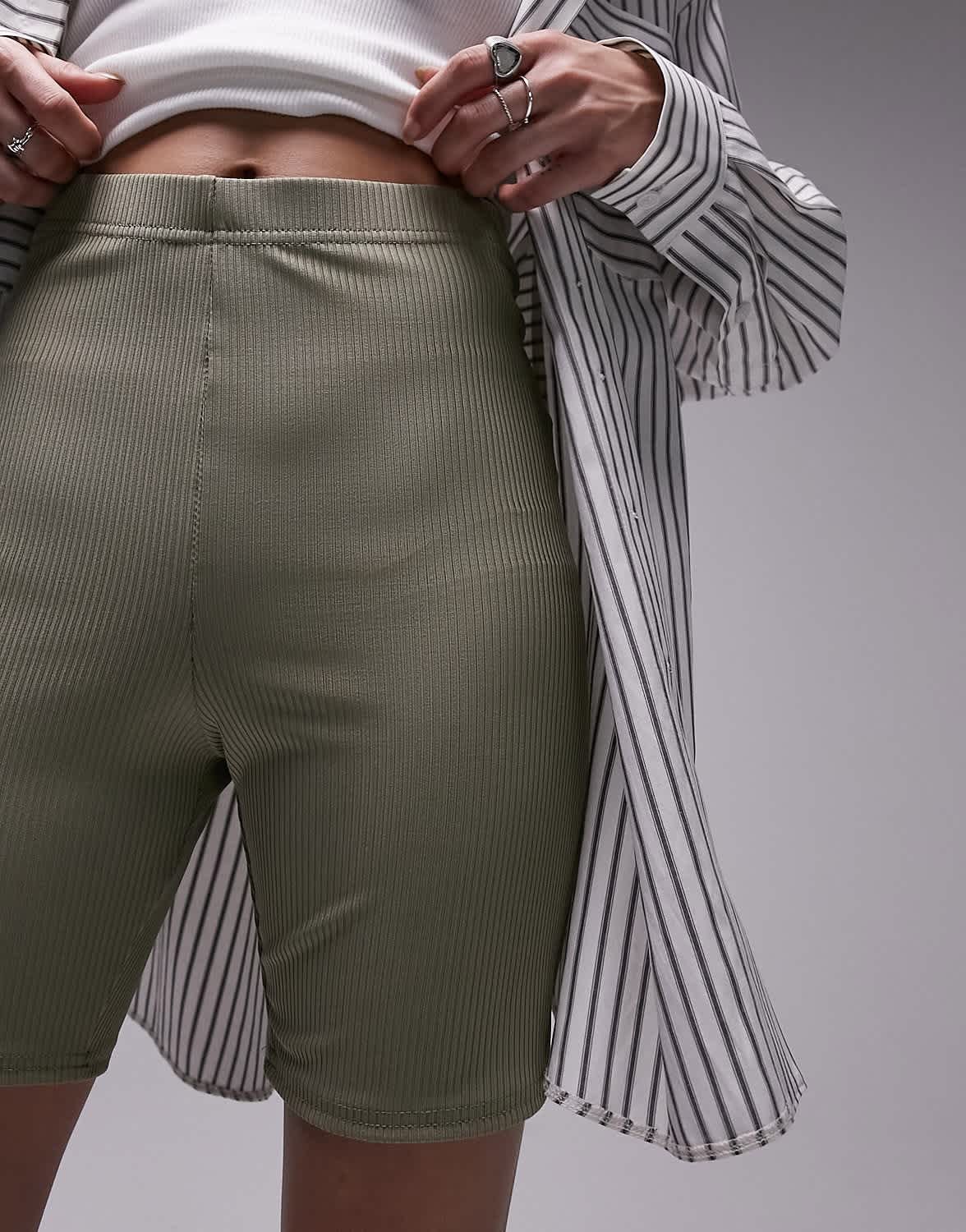Topshop skinny rib legging short in khaki