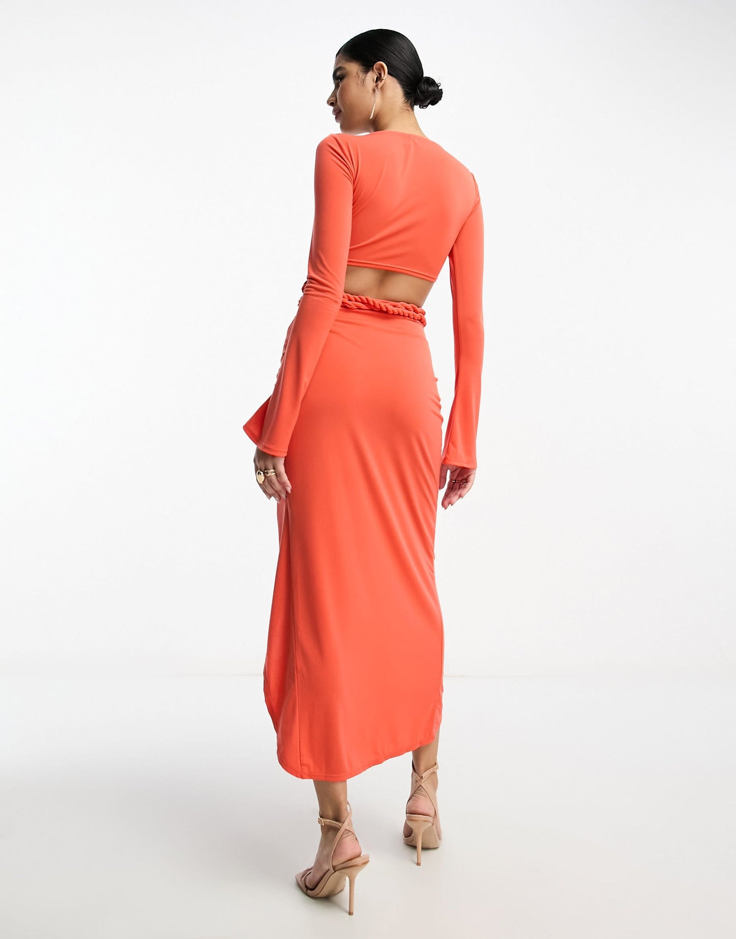 ASOS DESIGN long sleeve two pieced rope detail midi dress in burnt coral