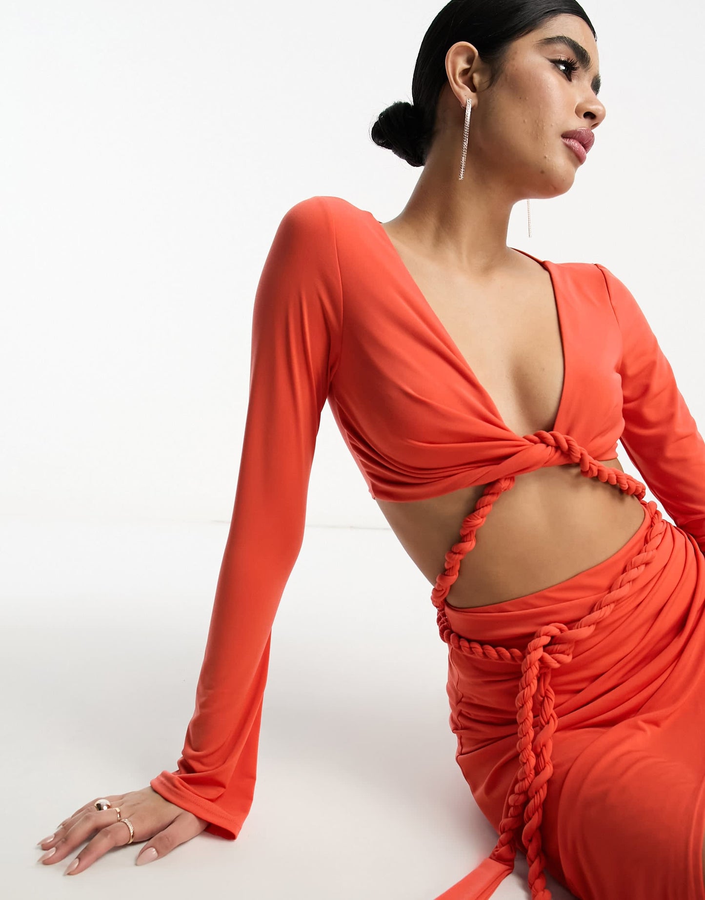 ASOS DESIGN long sleeve two pieced rope detail midi dress in burnt coral