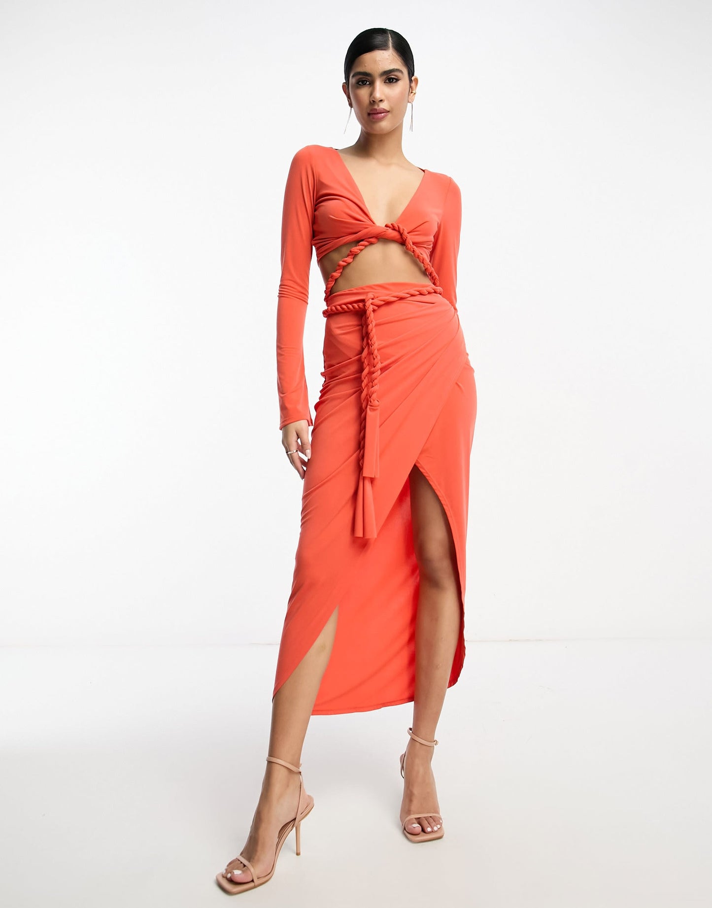 ASOS DESIGN long sleeve two pieced rope detail midi dress in burnt coral