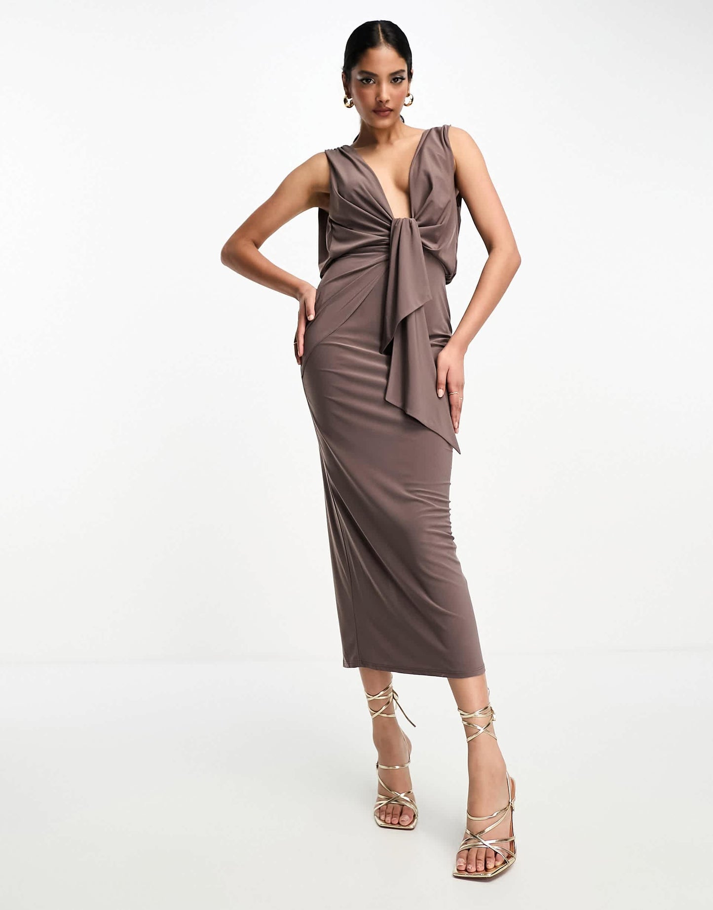 ASOS DESIGN plunge front tie midi dress in mocha brown