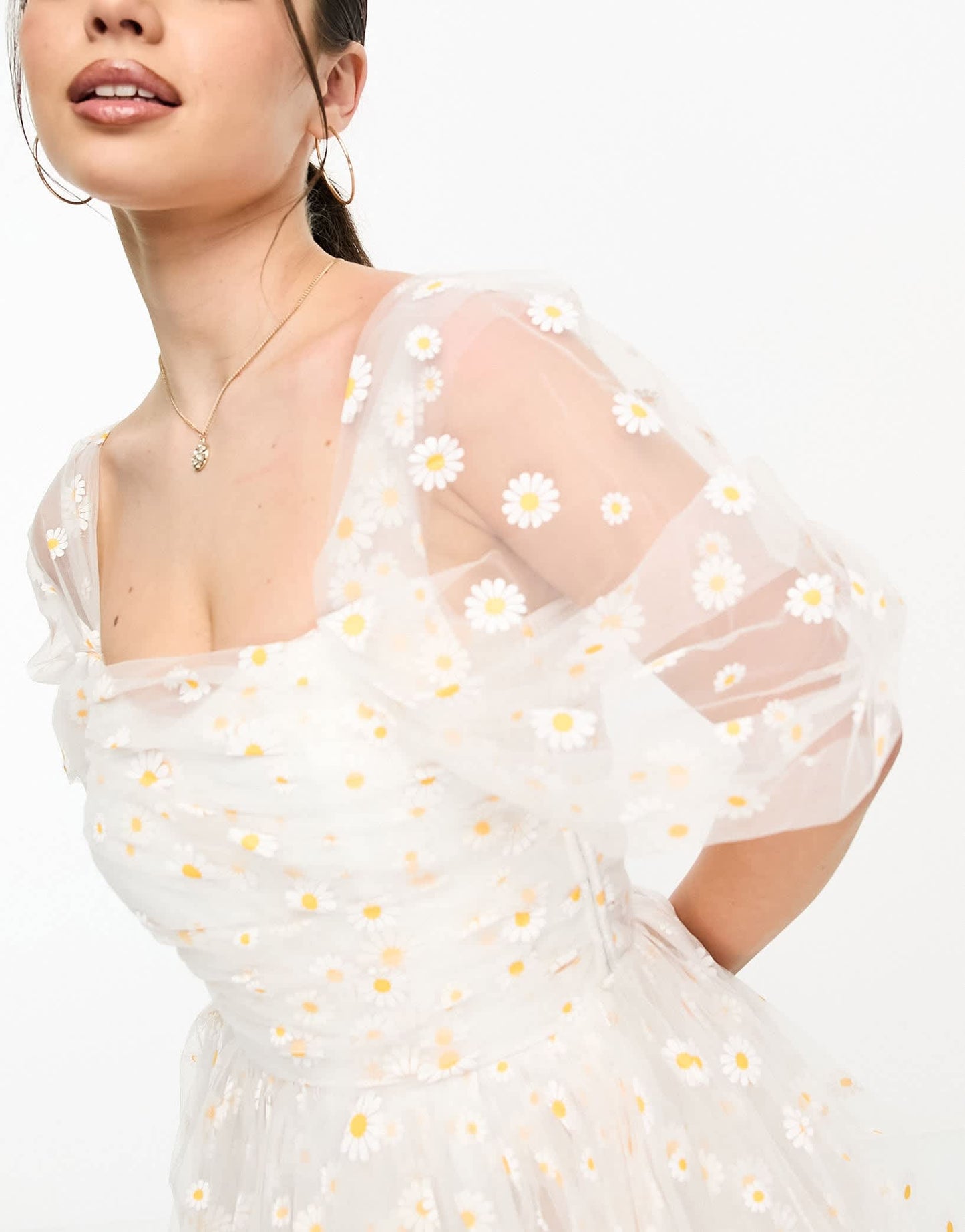Lace & Beads Petite exclusive ruched tulle mini dress in white daisy