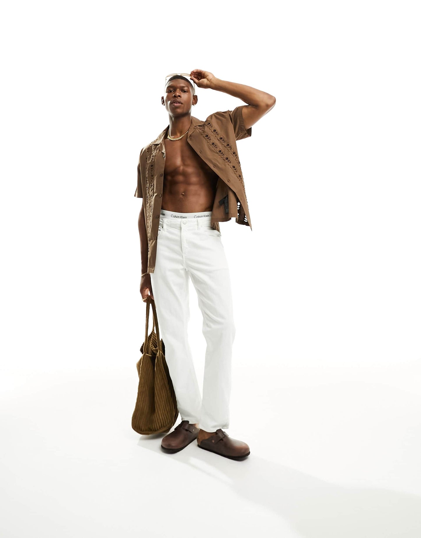 ASOS DESIGN relaxed revere collar shirt with broderie panels in brown