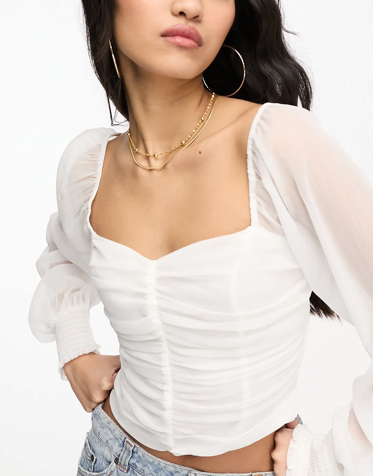 Hollister chiffon long sleeve ruched top in white