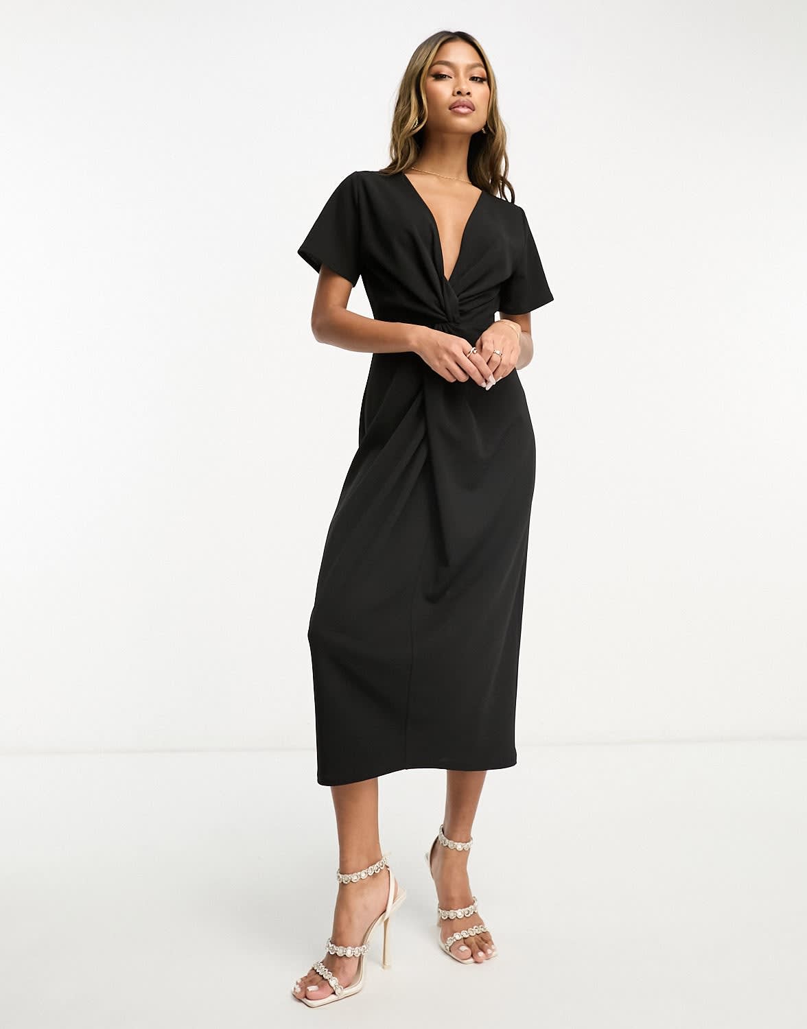 ASOS DESIGN twist front midi dress with short sleeve in black