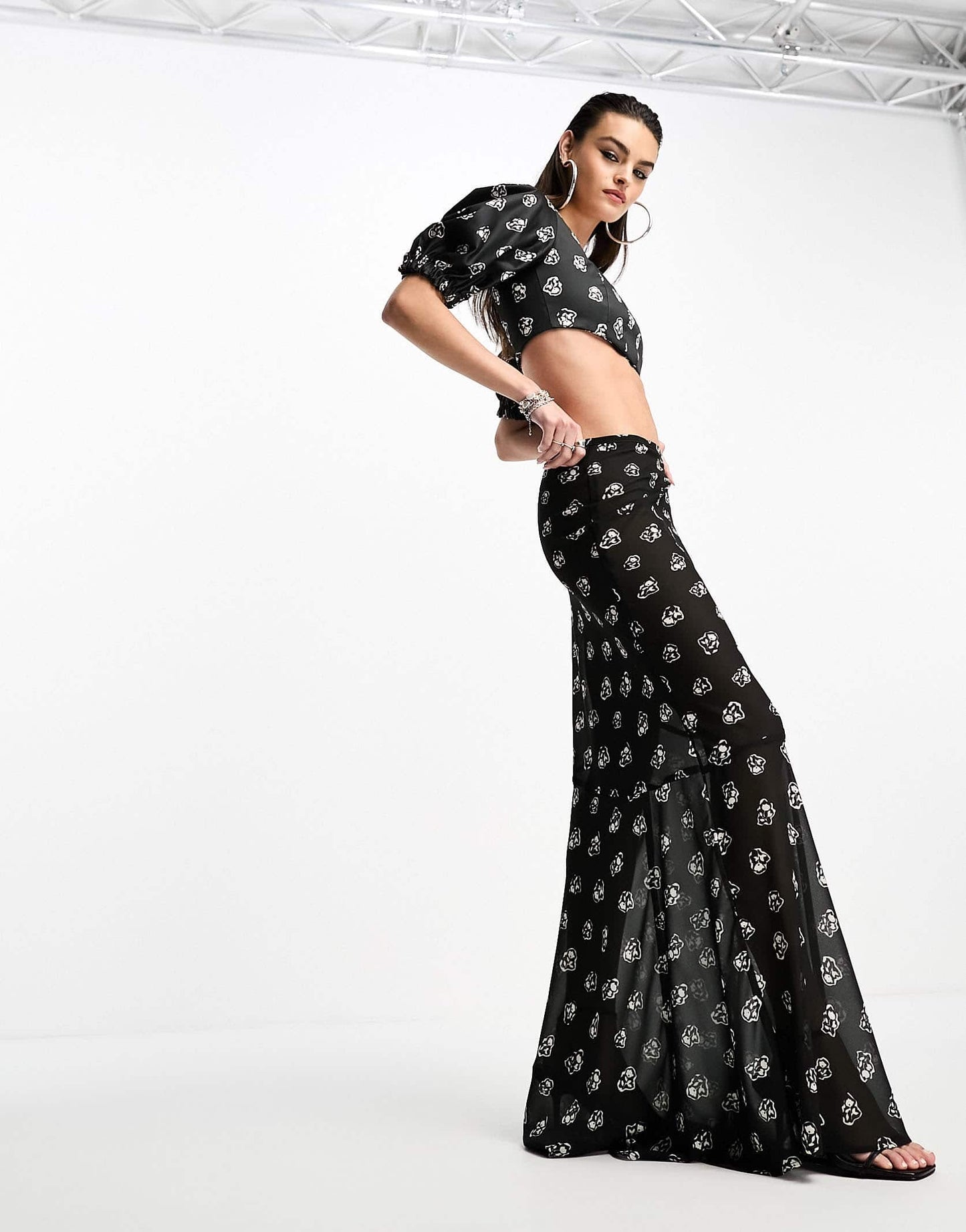 Day 6 mesh tie side maxi skirt co-ord in black ditsy print