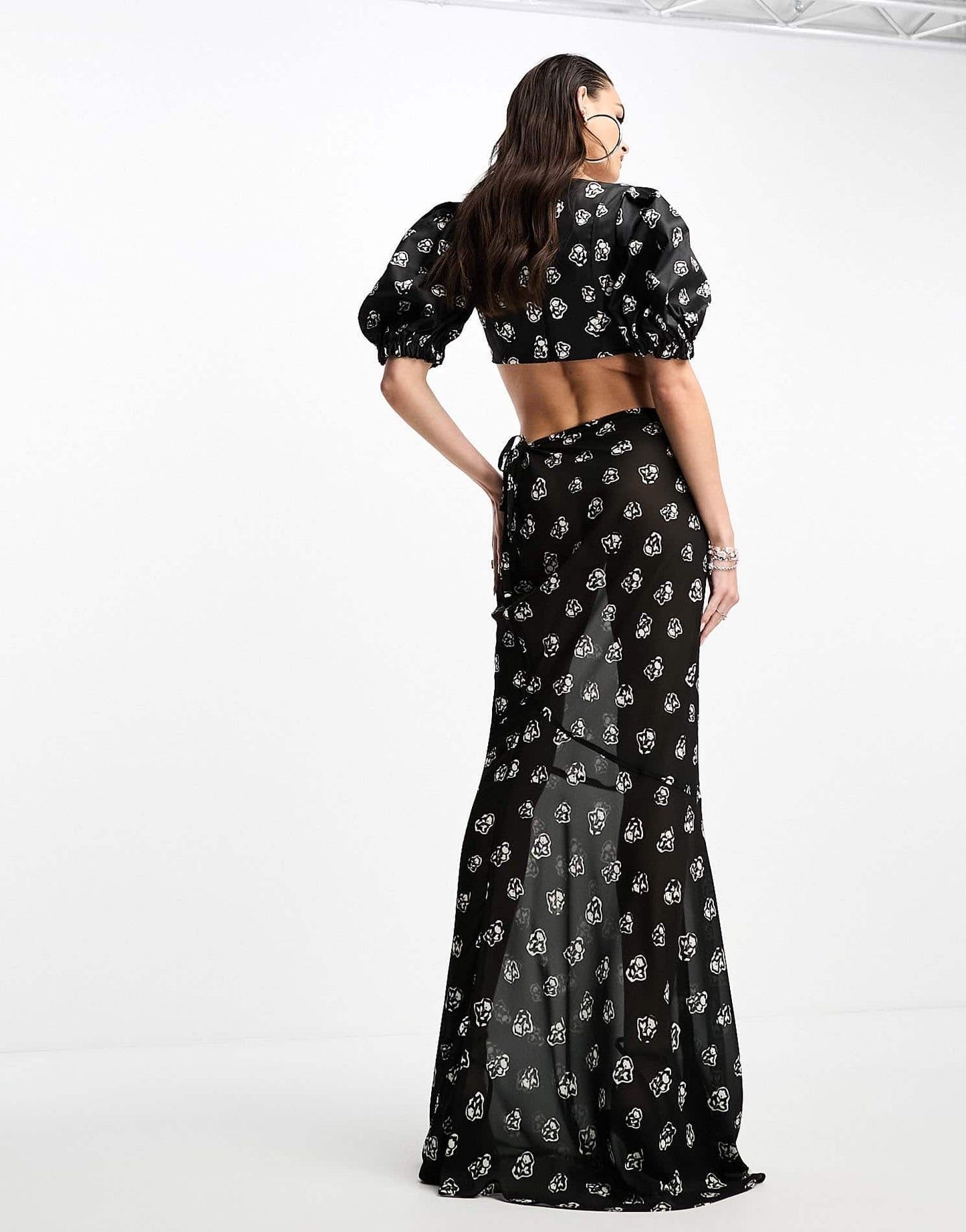Day 6 mesh tie side maxi skirt co-ord in black ditsy print
