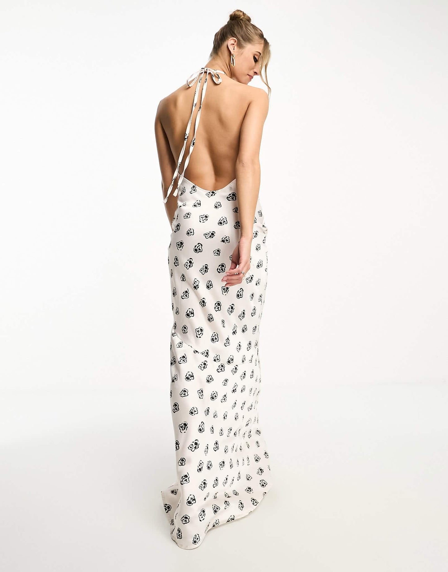 Day 6 satin high neck puddle maxi dress with low back in cream ditsy print