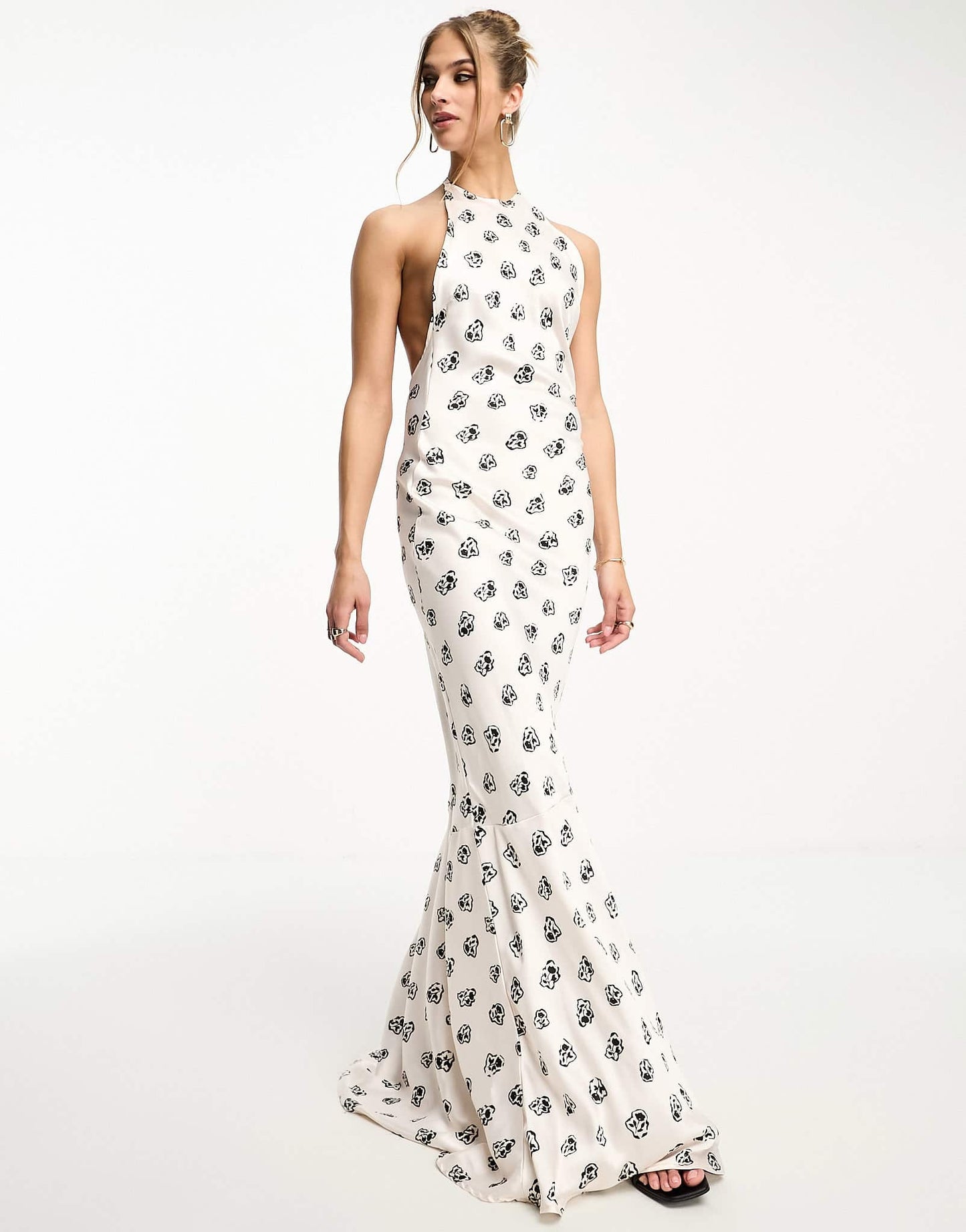 Day 6 satin high neck puddle maxi dress with low back in cream ditsy print