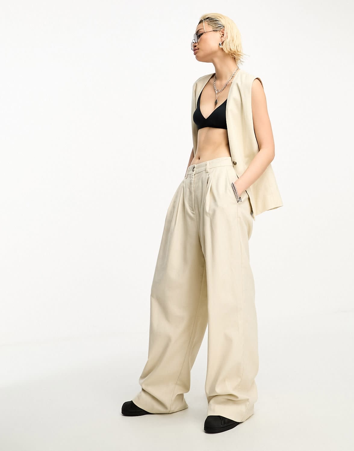 Object linen mix wide leg dad trouser co-ord in cream