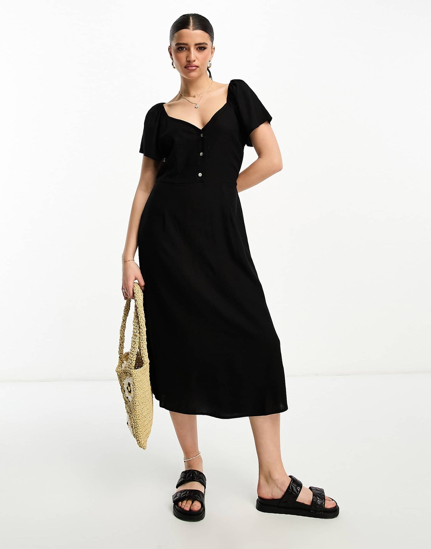 Vero Moda linen touch flutter sleeve midi dress in black