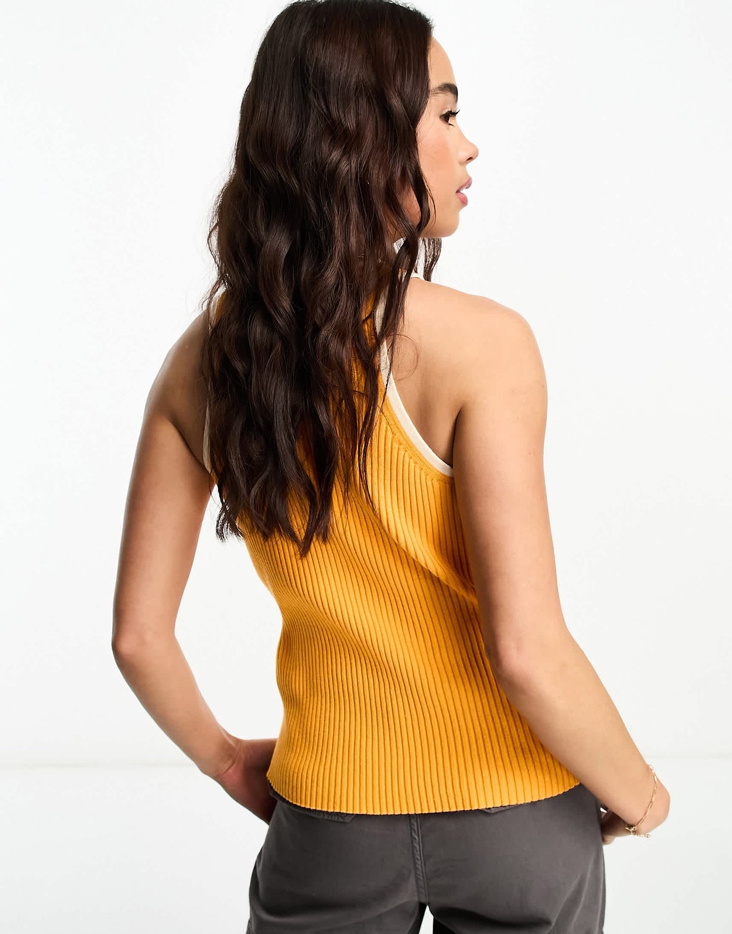 Vero Moda ribbed knit racer neck vest top in orange with cream tipping
