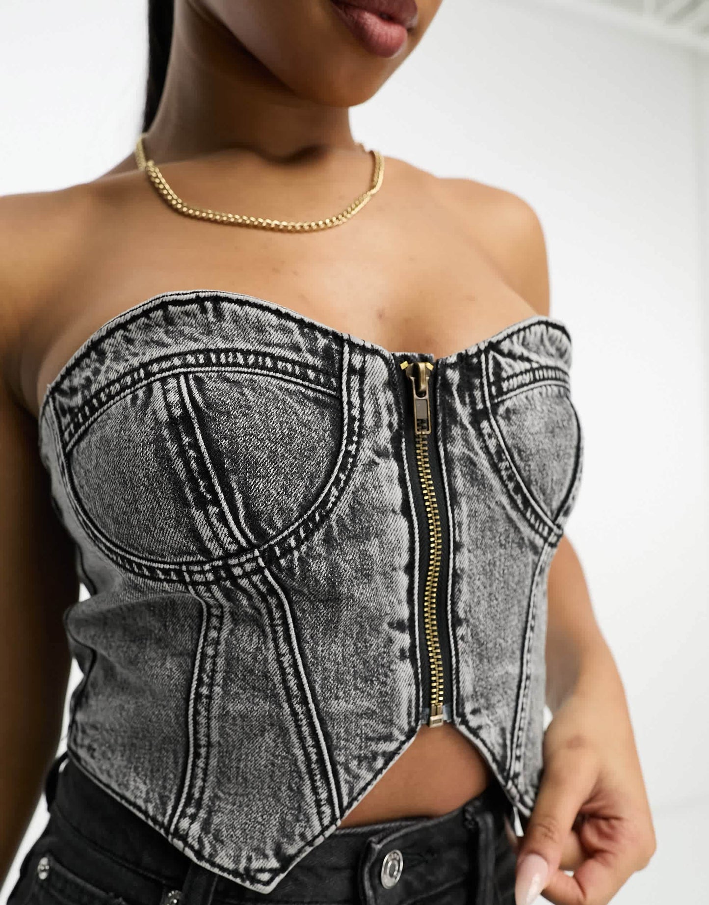 Urban Revivo zip detail denim corset in dark grey
