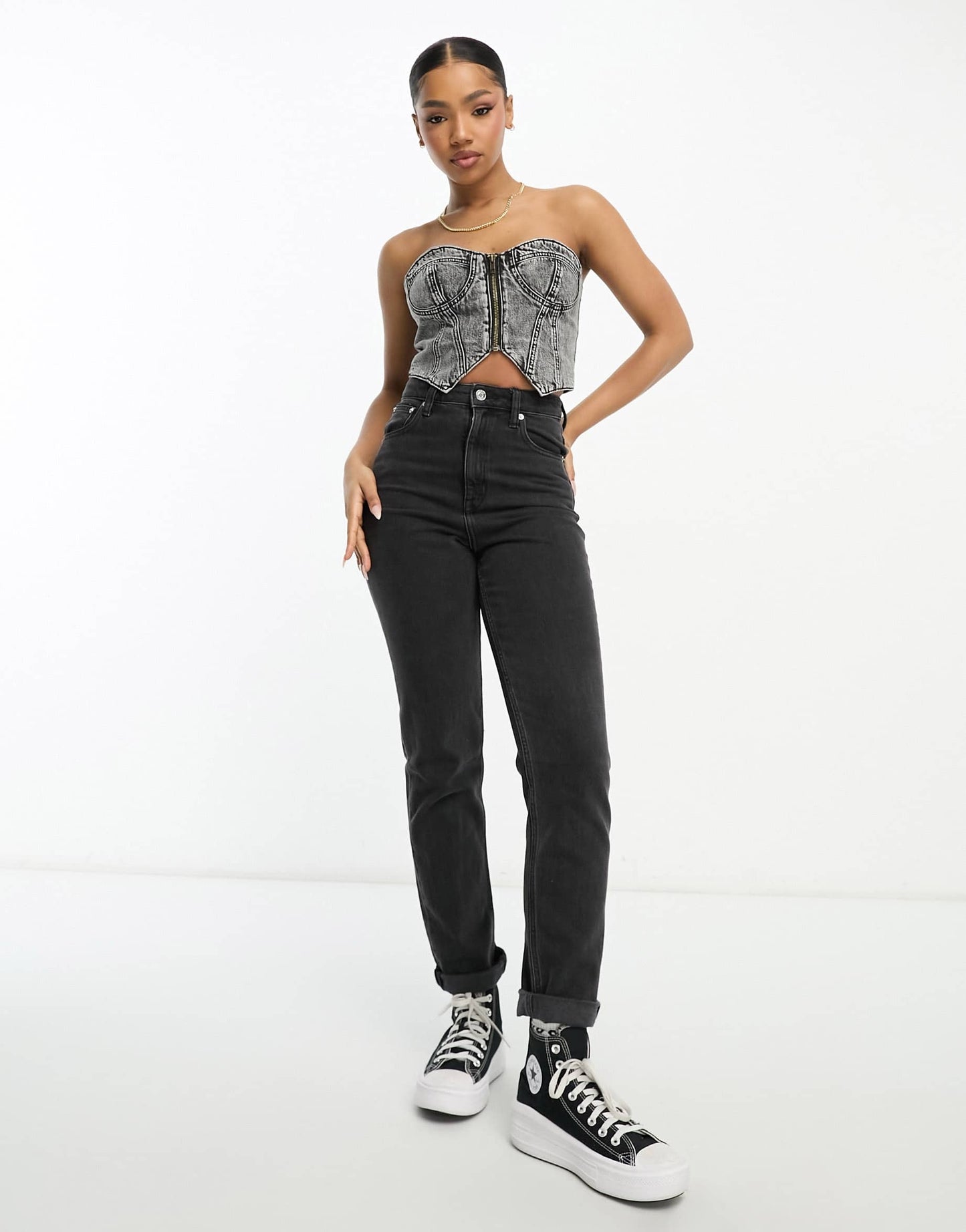 Urban Revivo zip detail denim corset in dark grey
