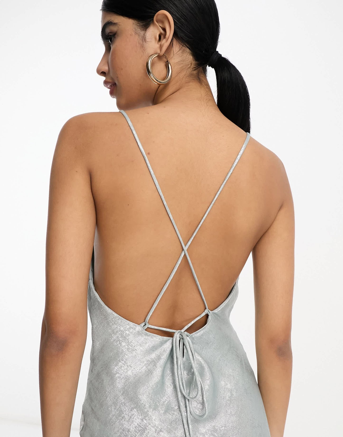 Vila glam lace up back cami maxi dress in shimmer silver