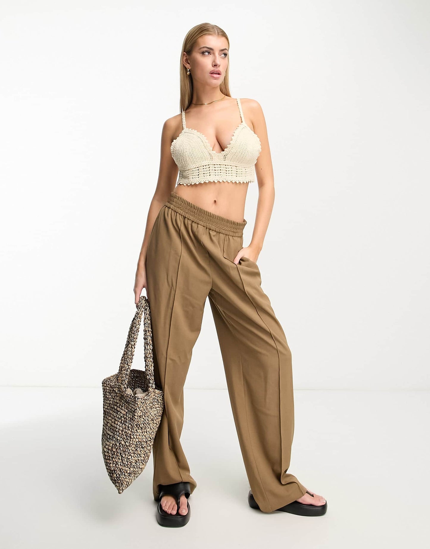 Something New X Klara Hellqvist crochet cropped cami top in beige