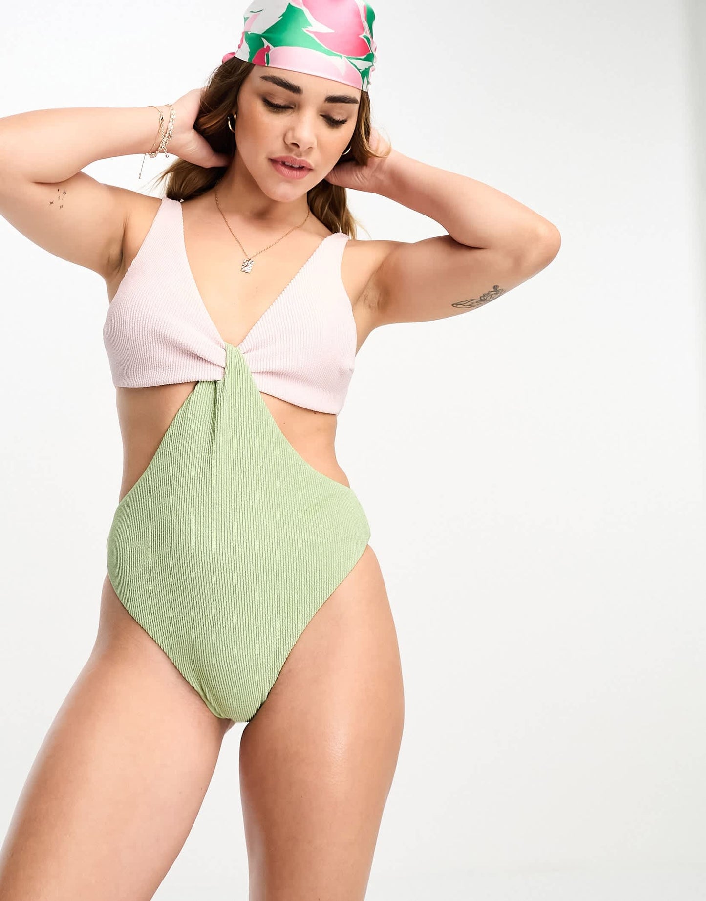 Vero Moda crickle cut out swimsuit in lilac and sage green
