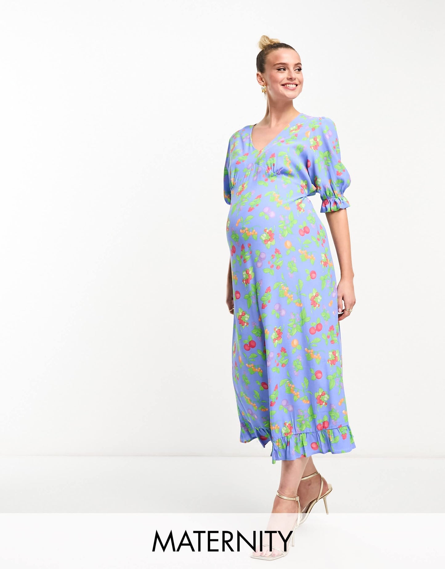 Nobody's Child Maternity Delilah puff sleeve midi dress in blue fruit print