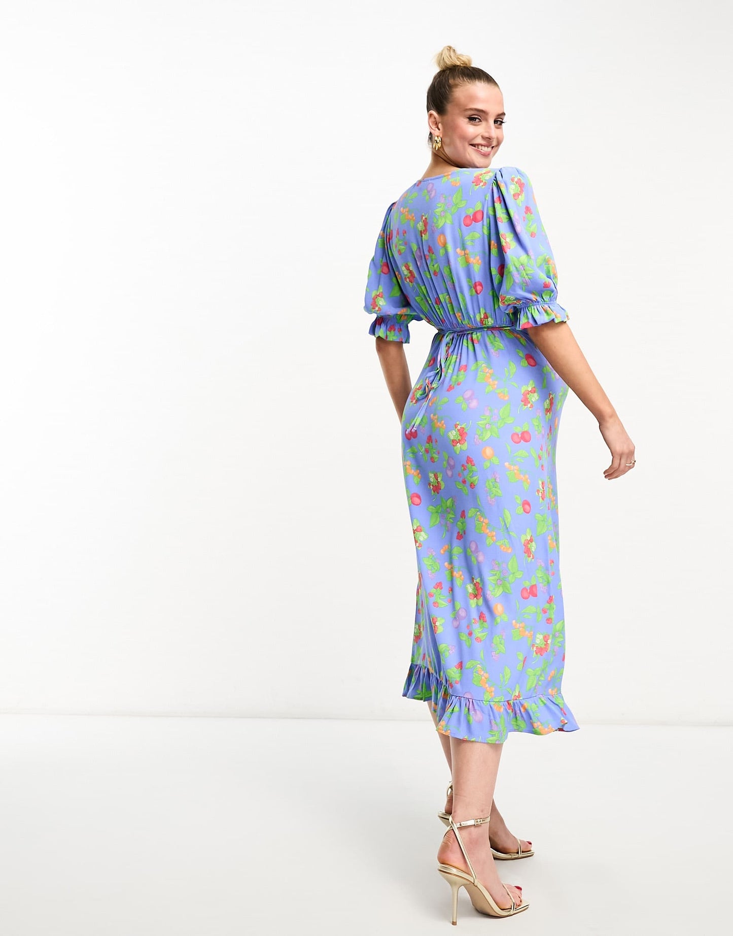 Nobody's Child Maternity Delilah puff sleeve midi dress in blue fruit print