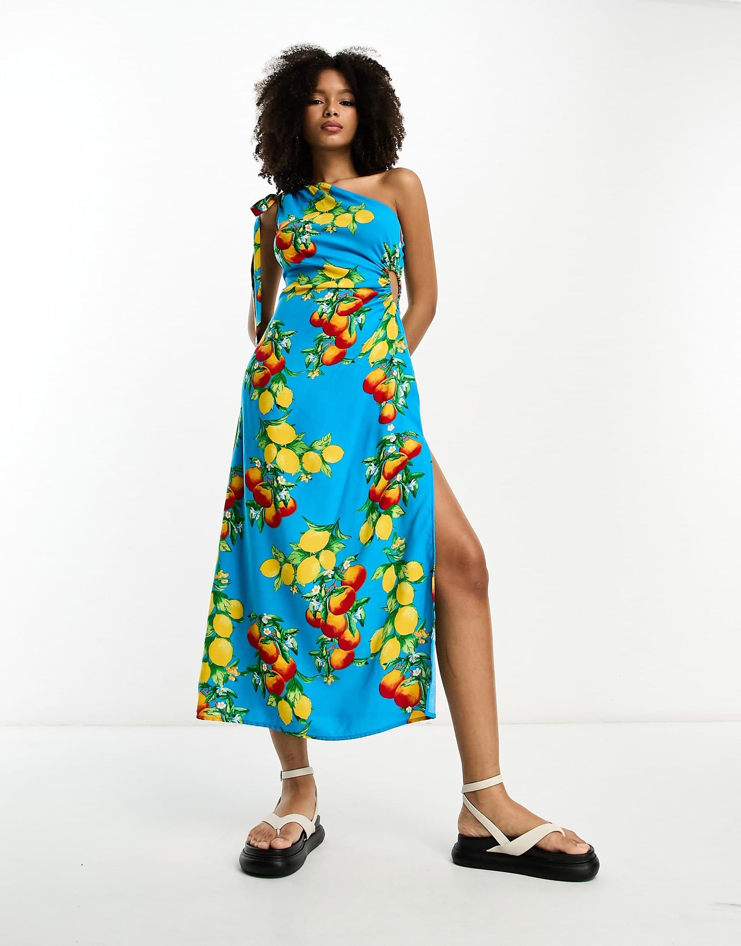 ASOS DESIGN one shoulder cut out midi dress in blue fruit print