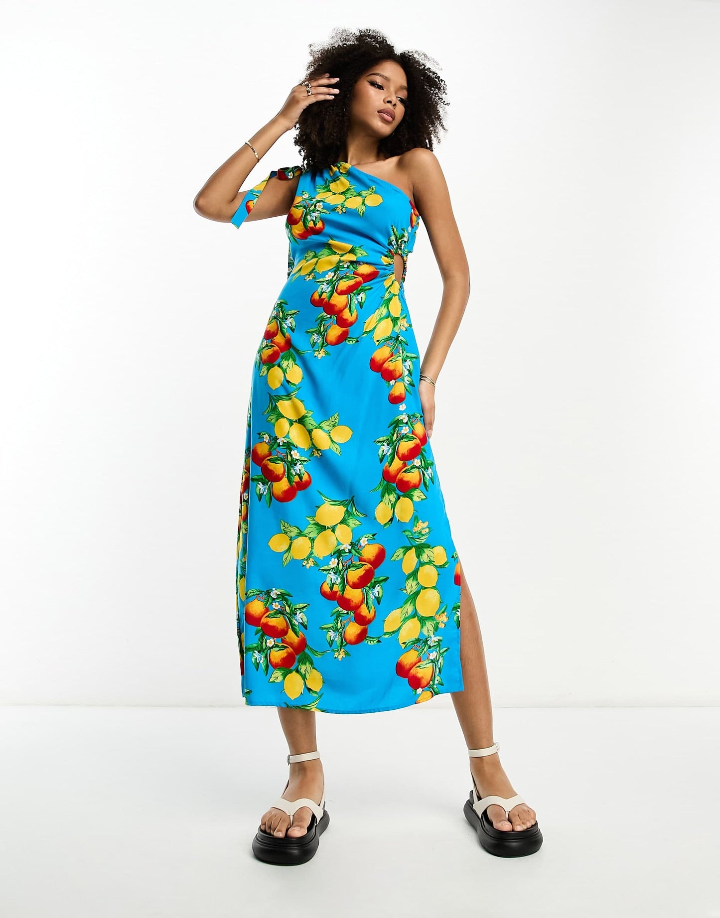 ASOS DESIGN one shoulder cut out midi dress in blue fruit print