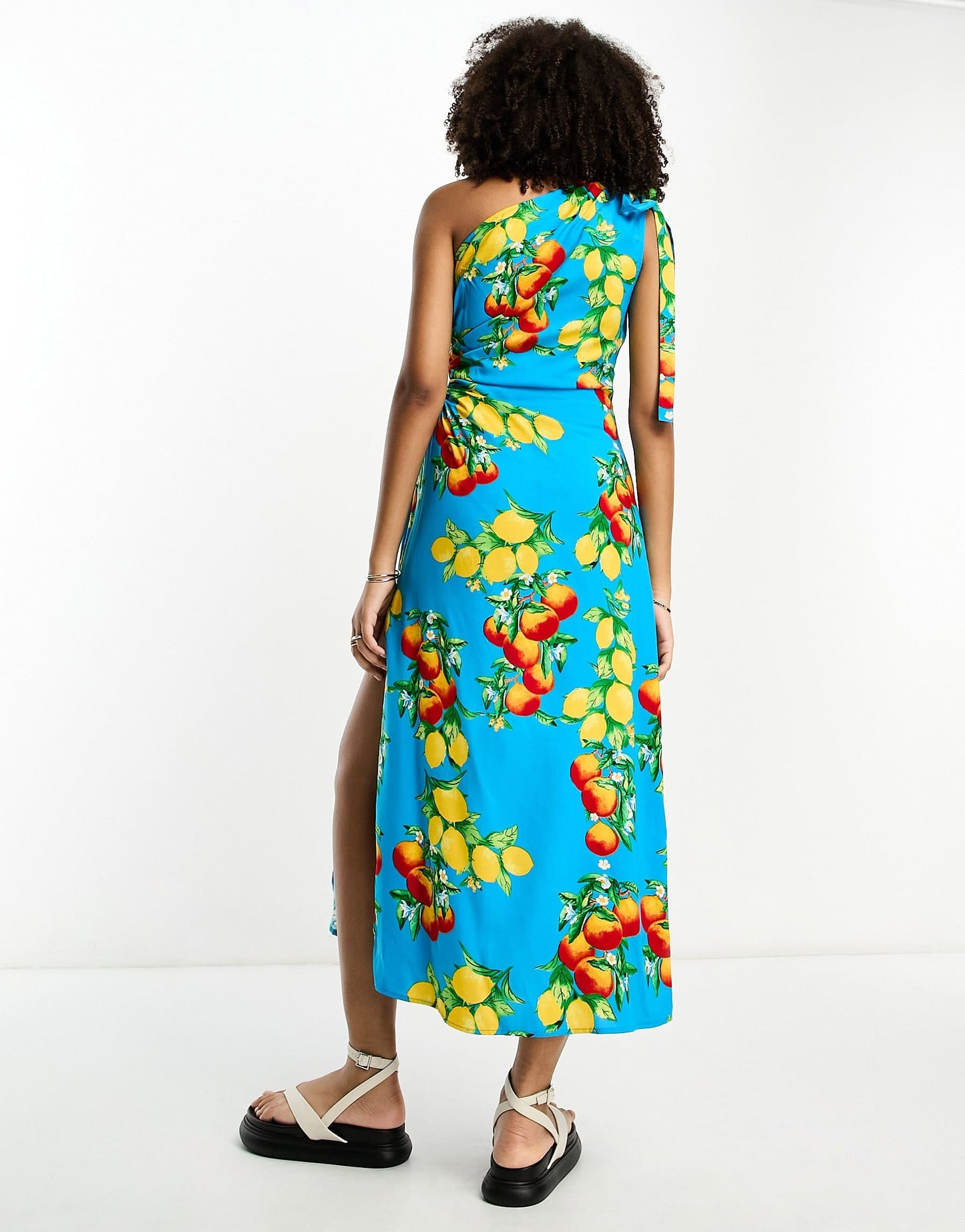 ASOS DESIGN one shoulder cut out midi dress in blue fruit print