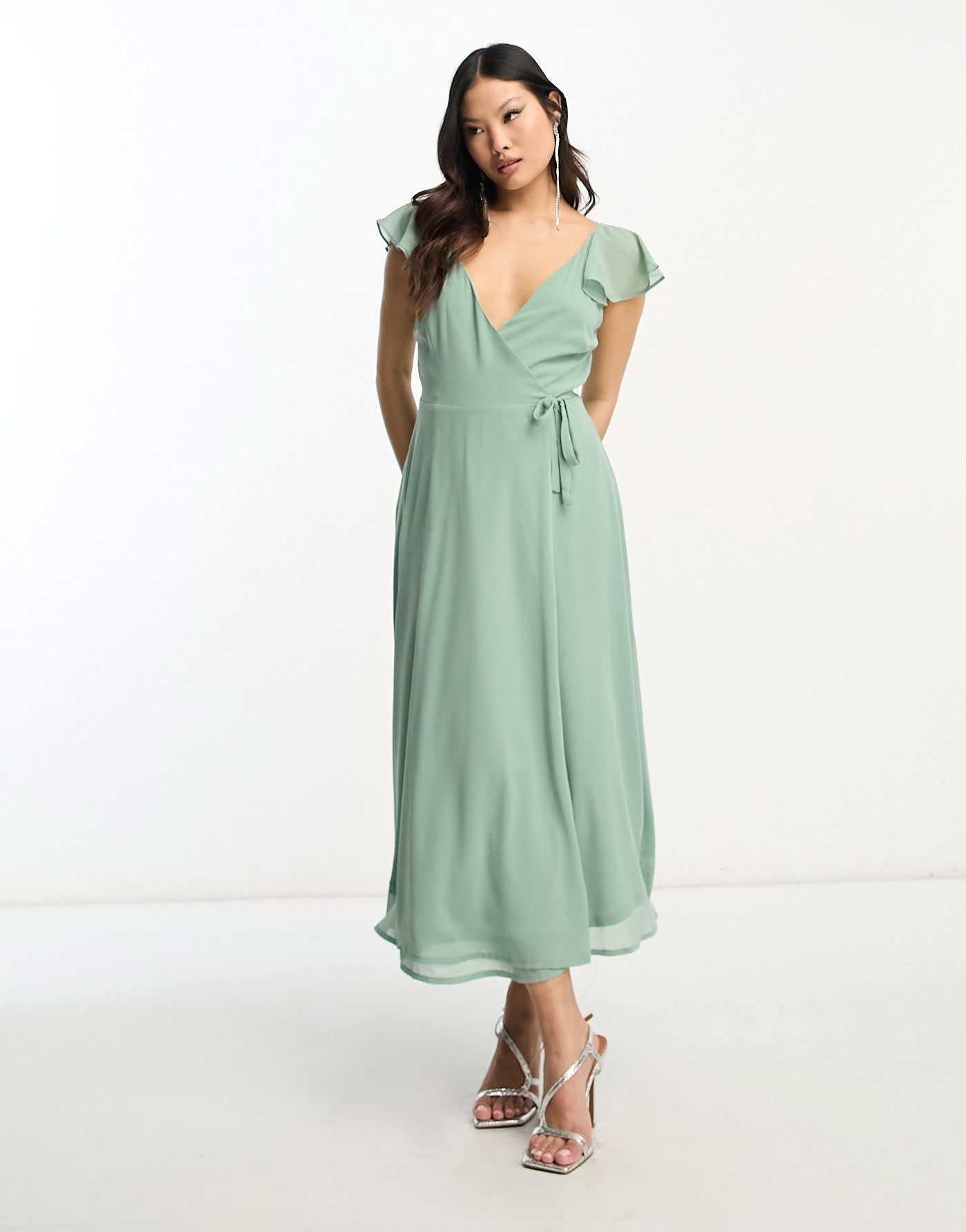 Vila Petite Bridesmaid wrap full skirt maxi dress with flutter sleeves in green