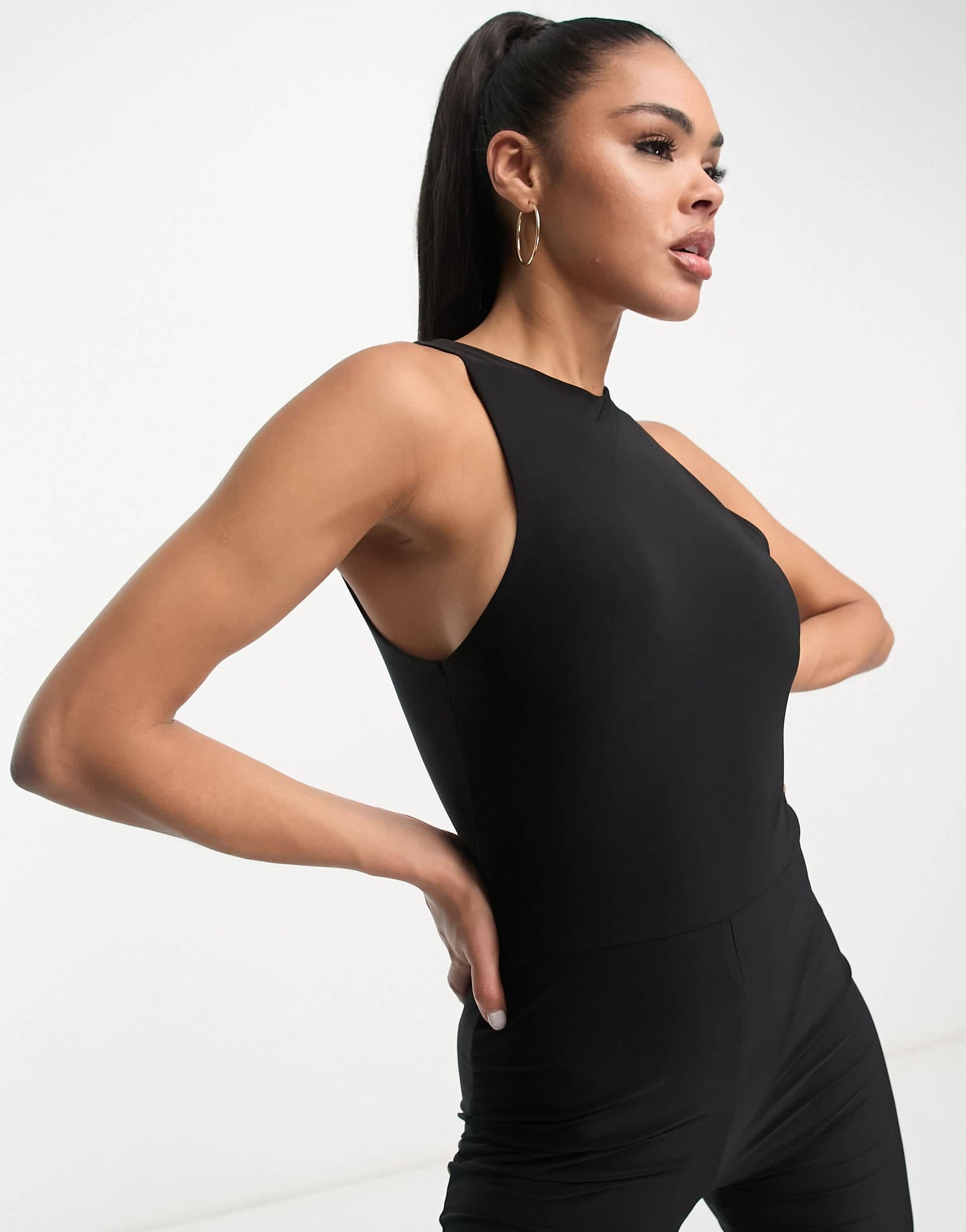 Fashionkilla sculpted slinky racerneck low back jumpsuit in black