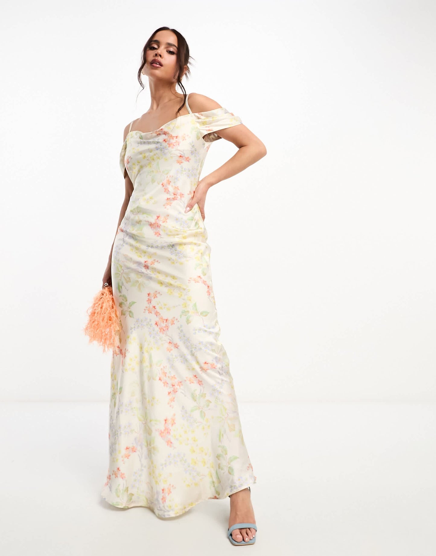 Hope & Ivy cowl neck satin maxi dress in ivory floral