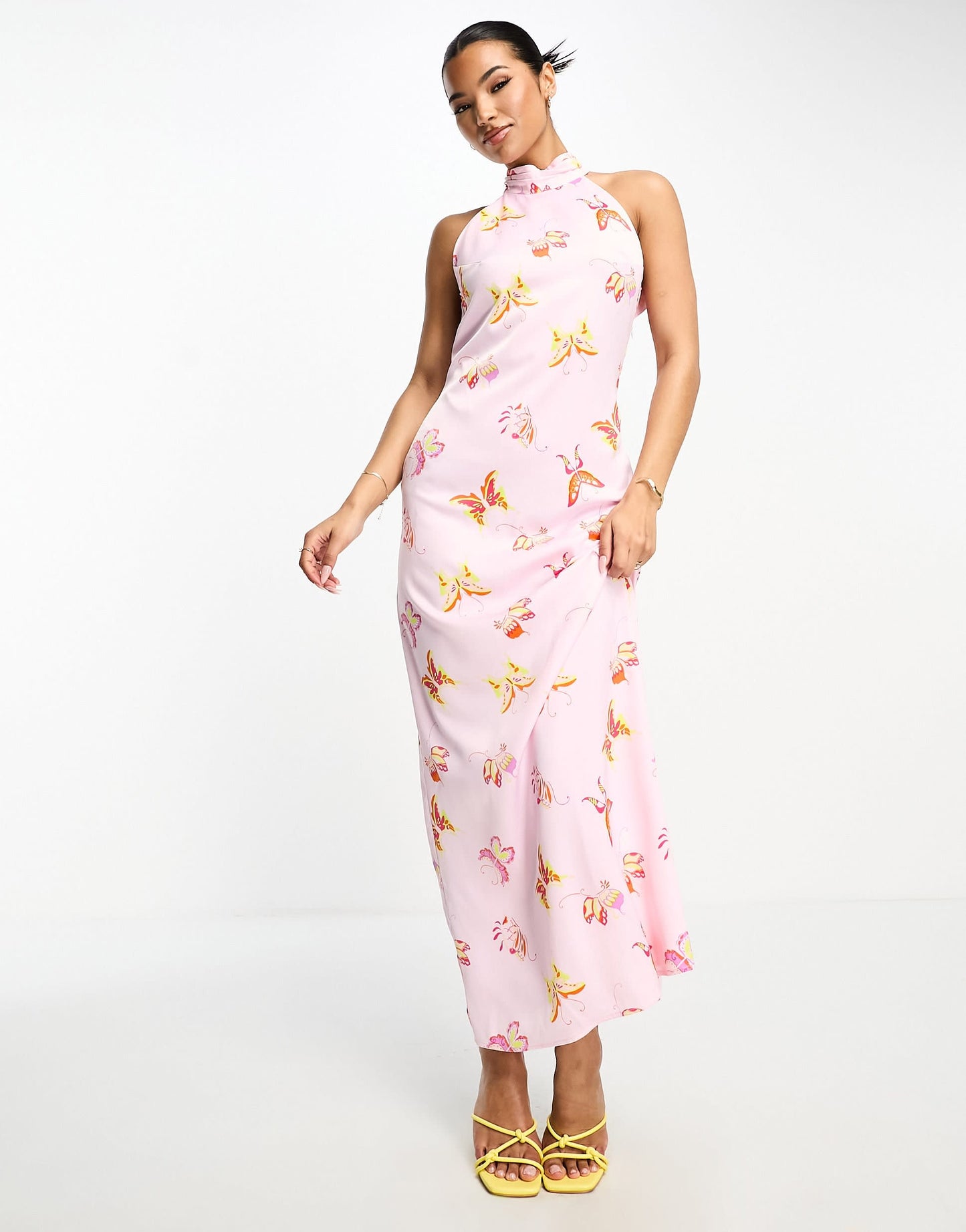 Something New halter neck open back satin maxi dress in candyfloss pink satin butterfly print