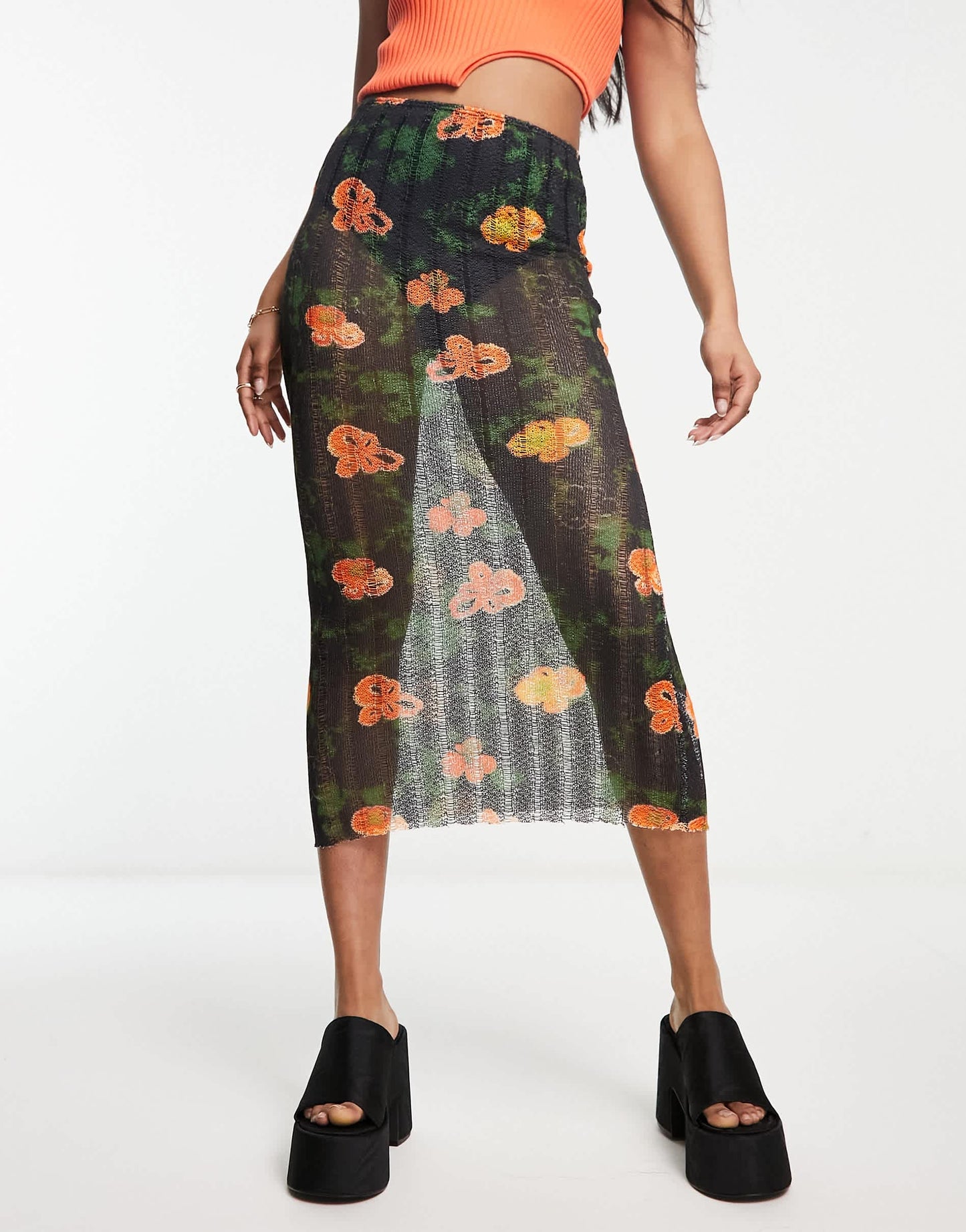 COLLUSION blur floral knitted beach skirt in multi