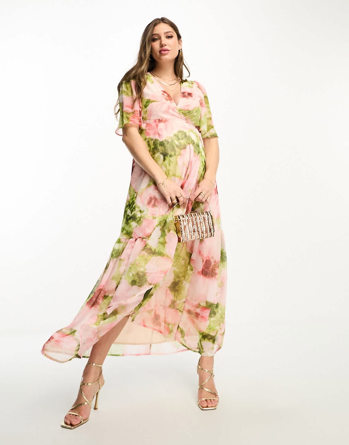 Hope & Ivy Maternity ruffle wrap maxi dress in pink floral print