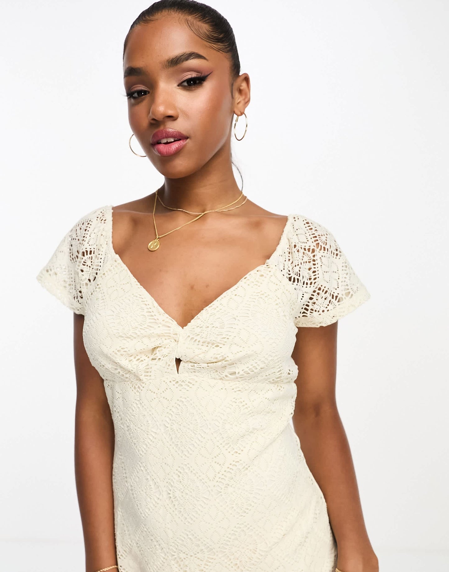 Vero Moda knot front lace mini dress in cream