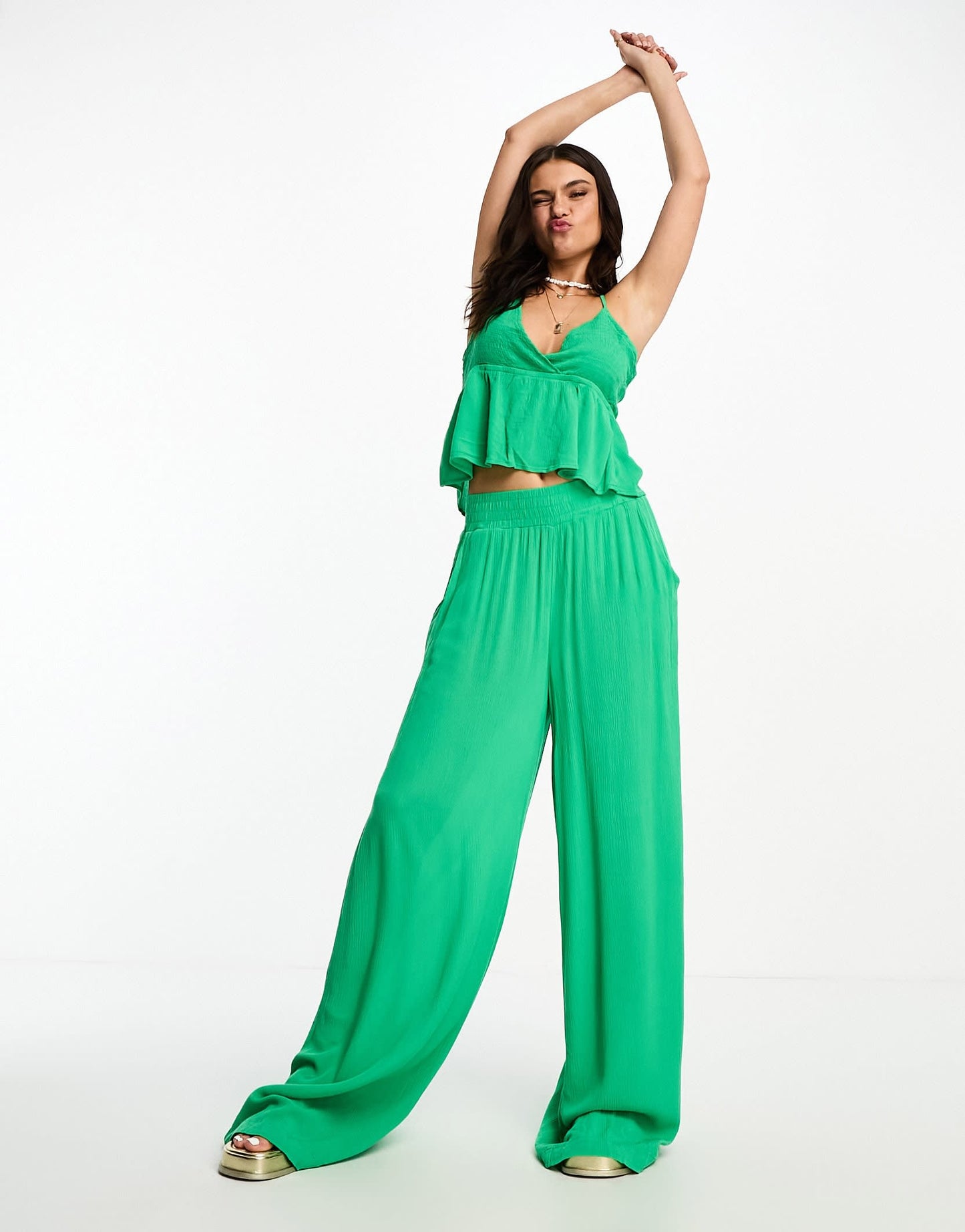 Vero Moda shirred cami top co-ord in bright green