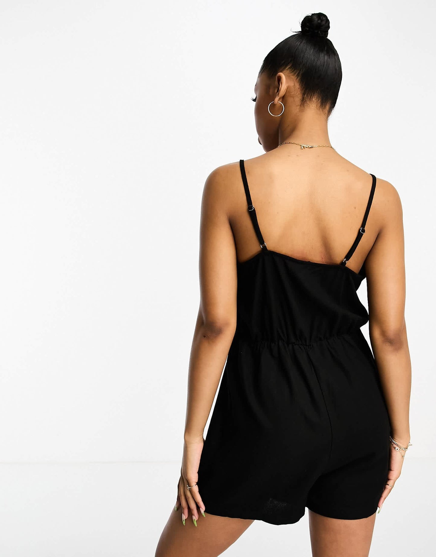 Vero Moda linen touch lace up front playsuit in black
