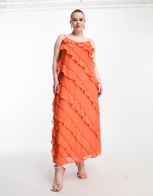 Vila Curve frill detail maxi cami dress in orange