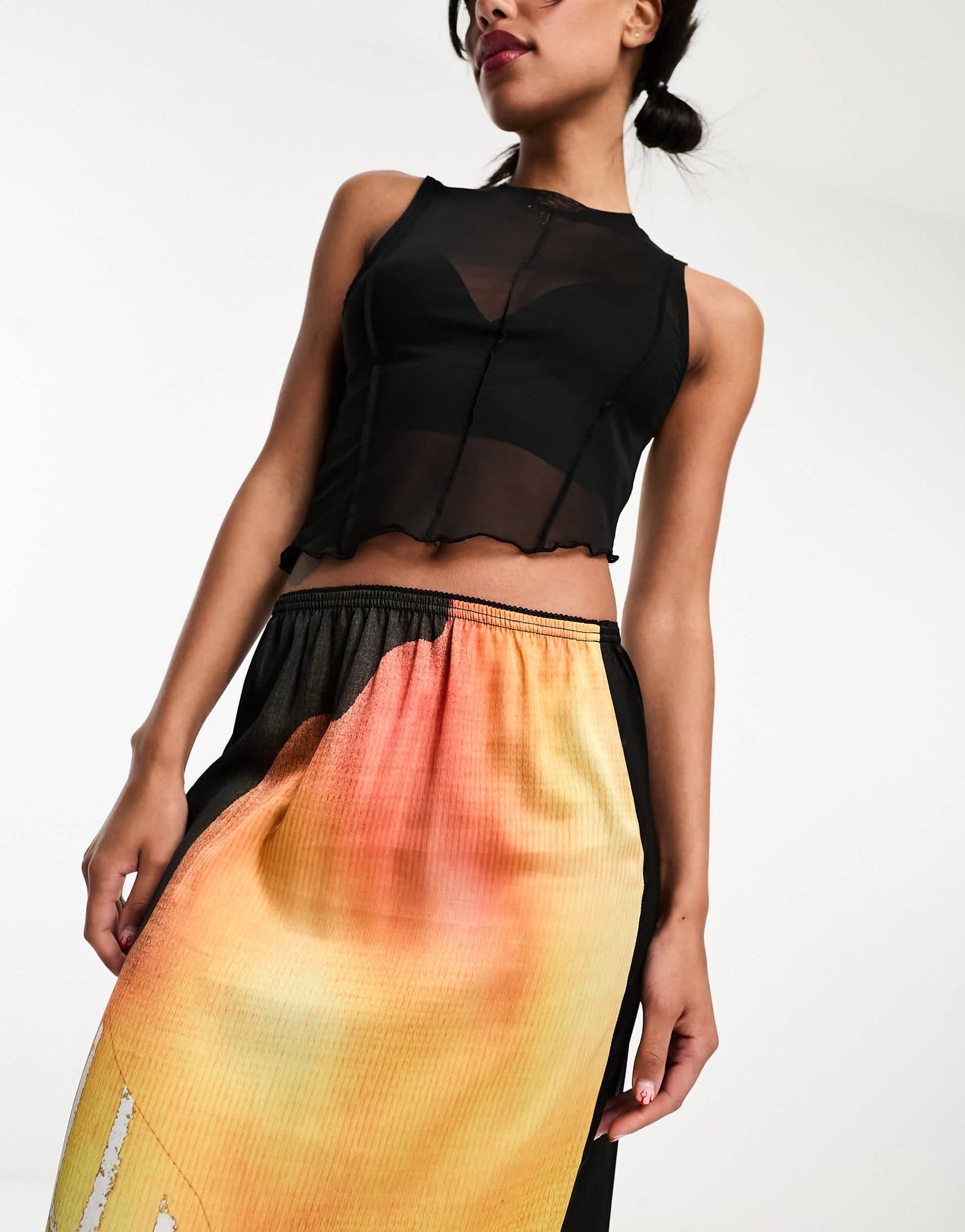 COLLUSION satin maxi slip skirt with lace hem in print