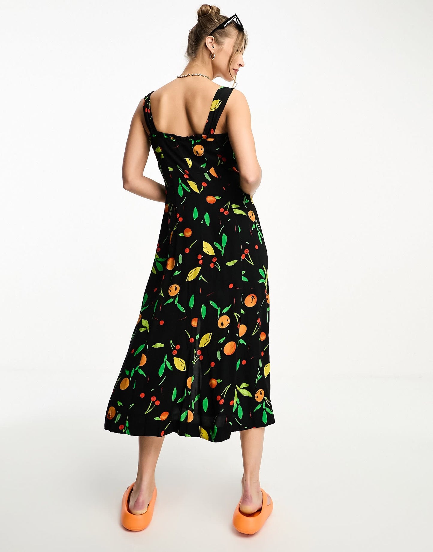 Whistles fruit print frill detail midi dress in black multi