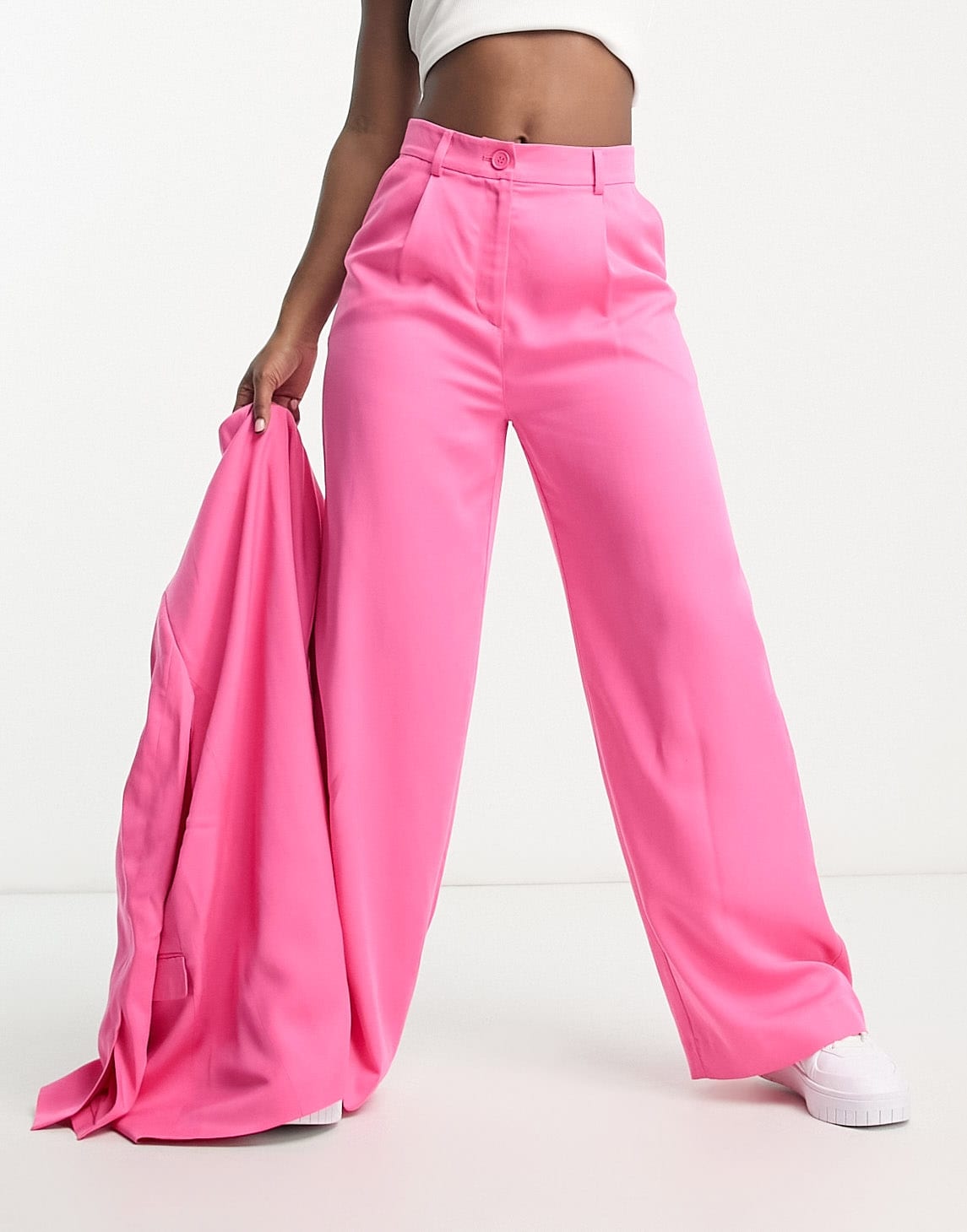 Monki co-ord straight leg tailored trousers in bright pink