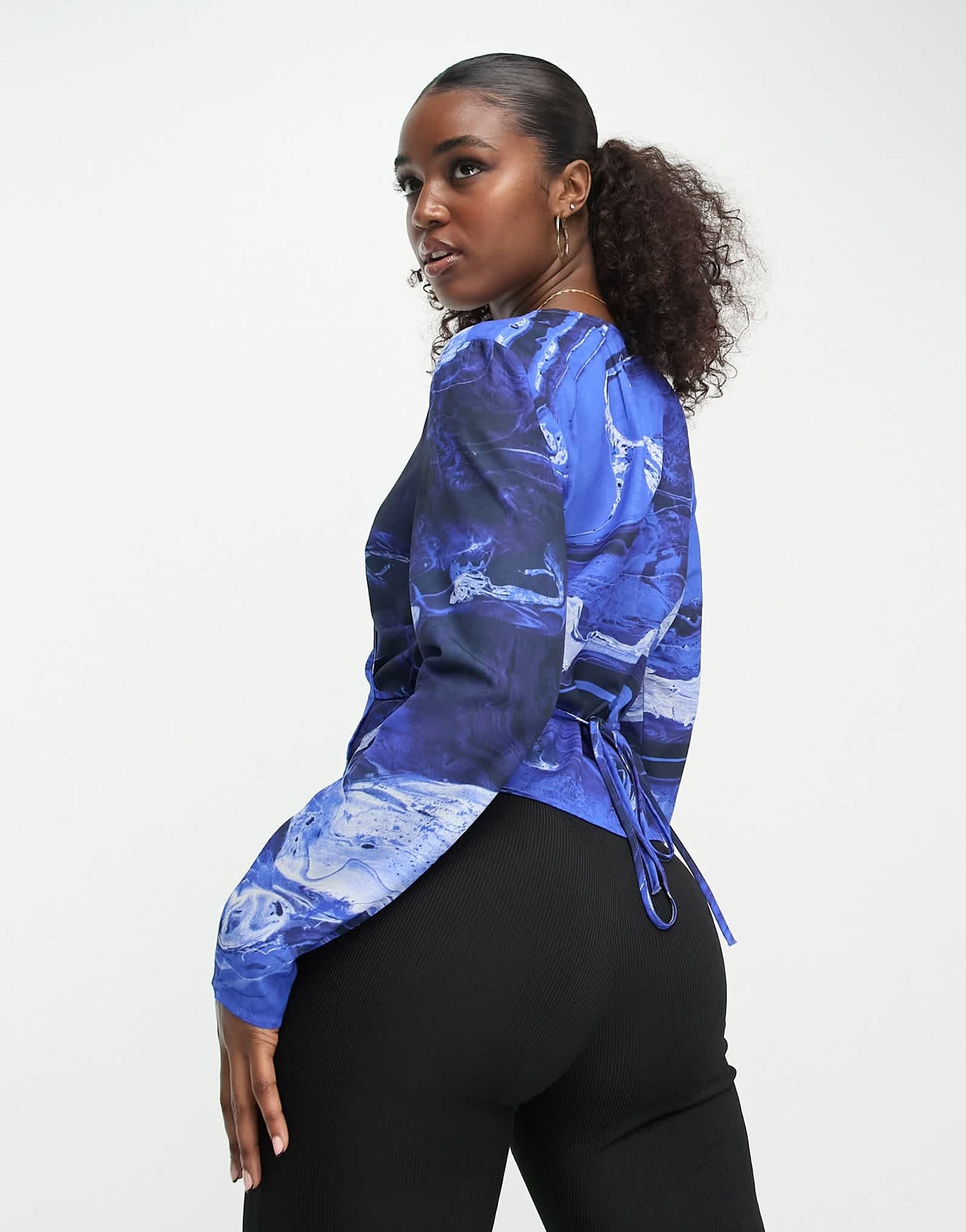 Monki tie waist wrap blouse in blue liqud print