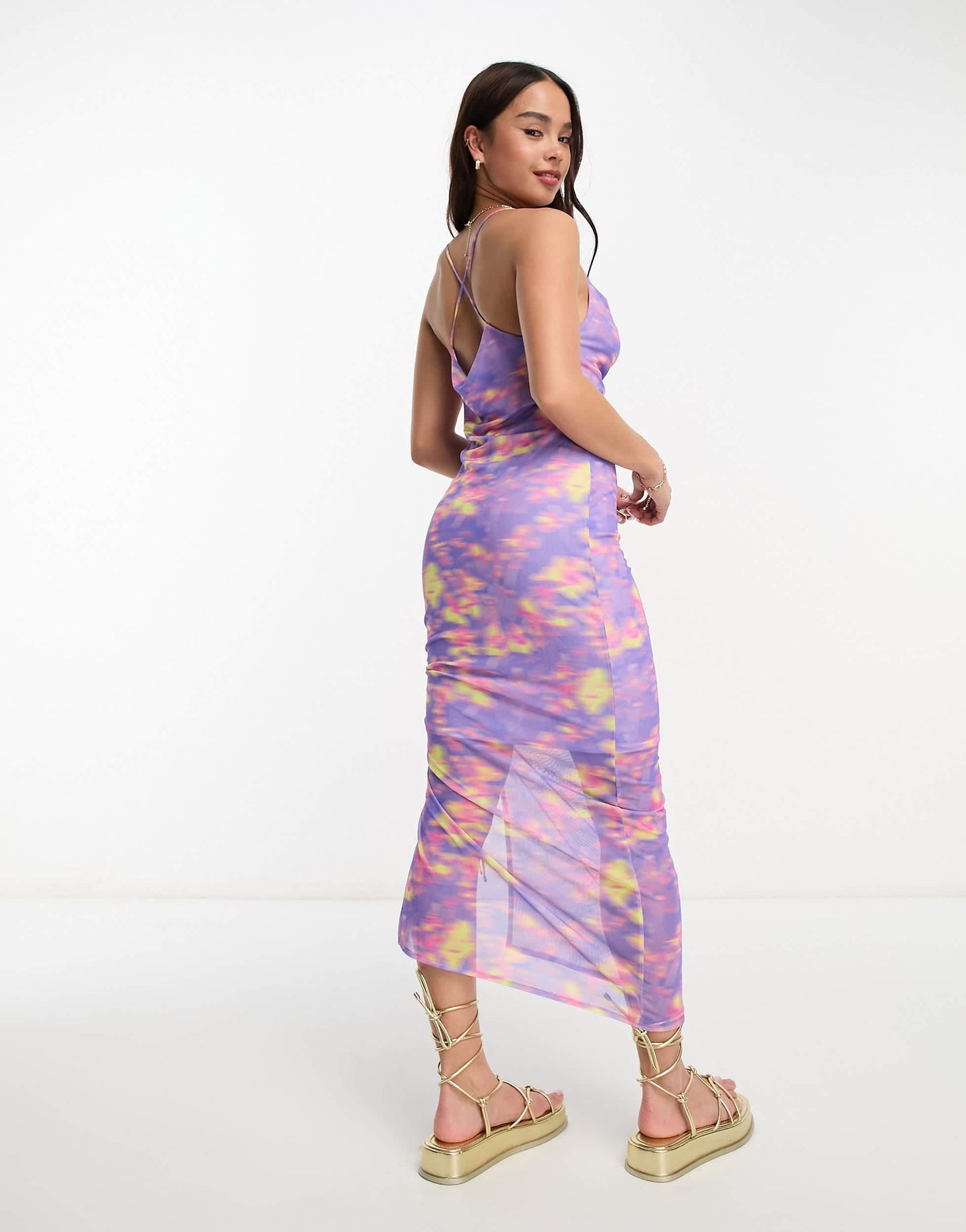 Monki mesh cami gathered midi dress in blurred flower print
