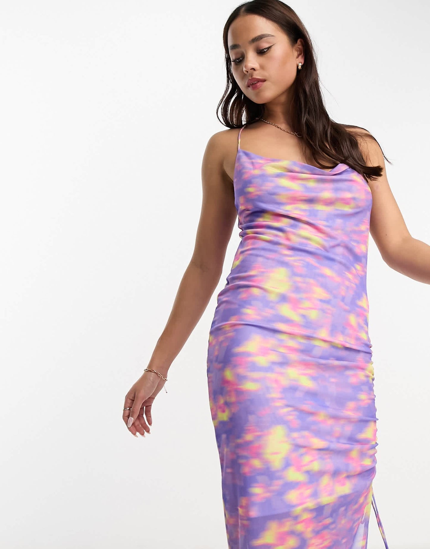 Monki mesh cami gathered midi dress in blurred flower print