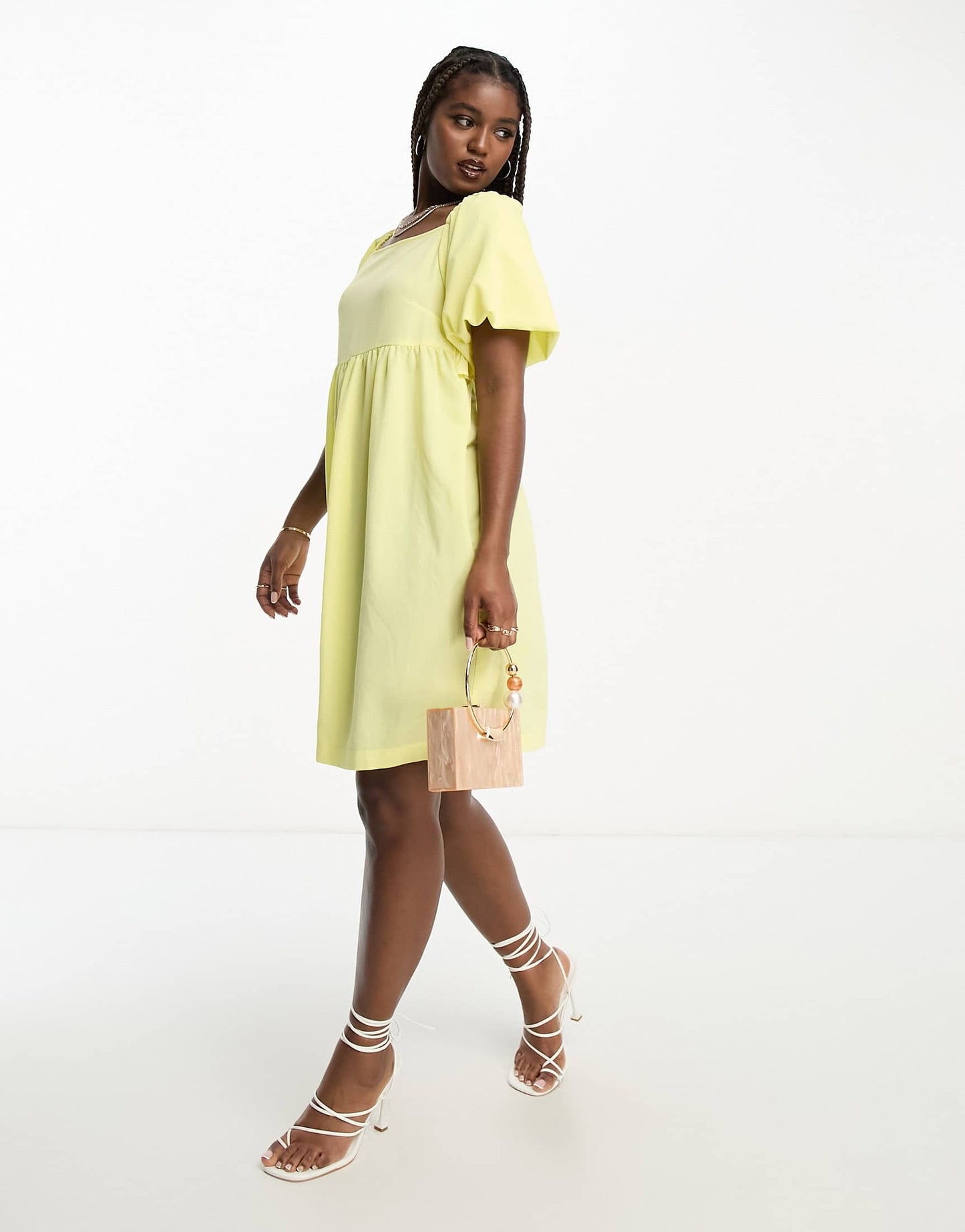 Monki crepe puff sleeve open back mini dress in yellow