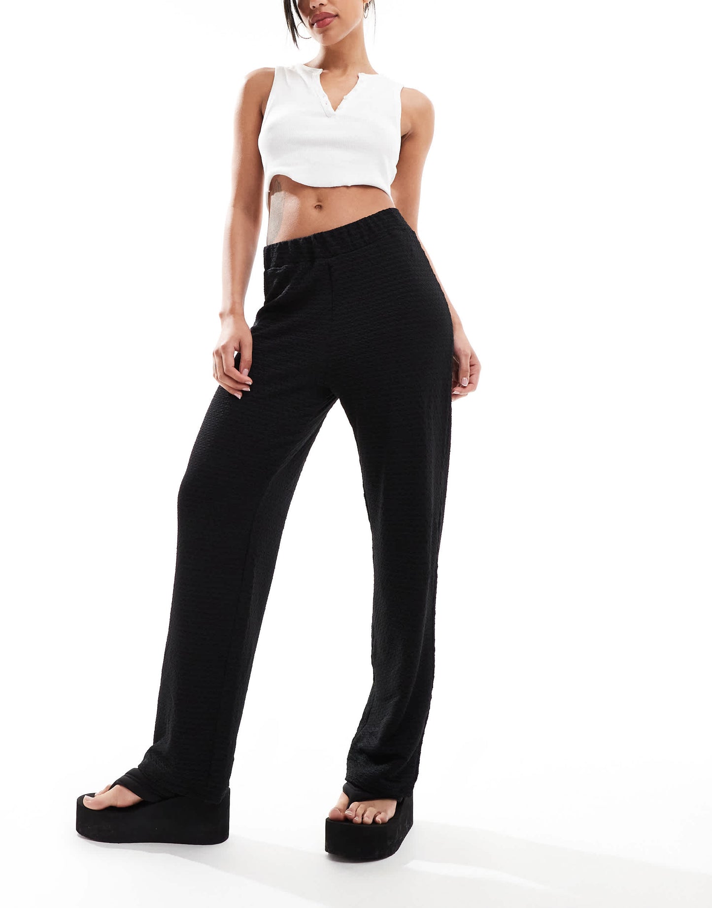 Monki textured pull-on straight leg trousers in black