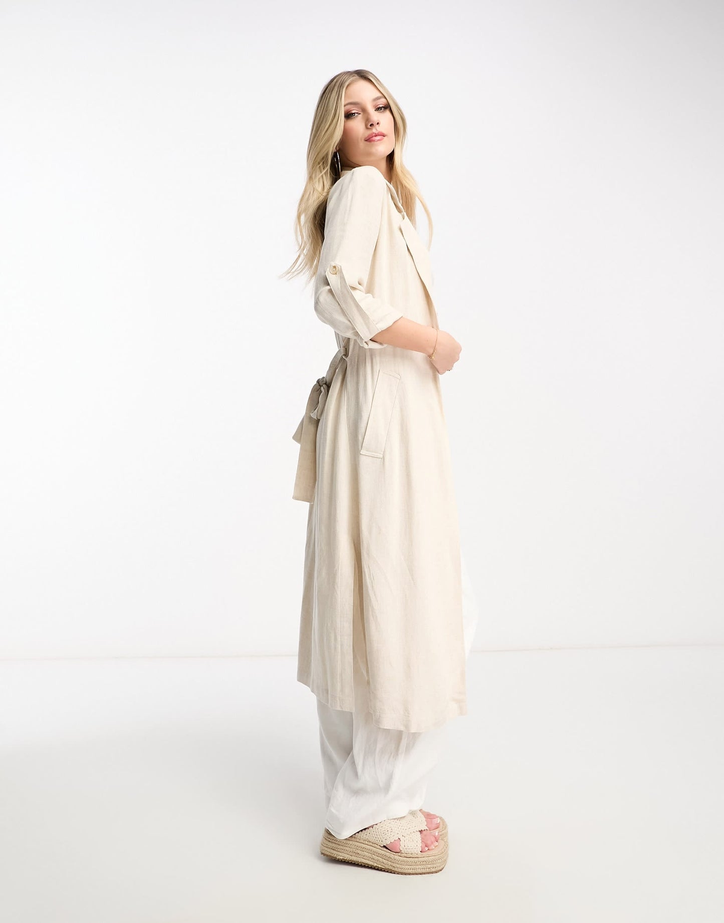 Stradivarius linen look trench coat in natural