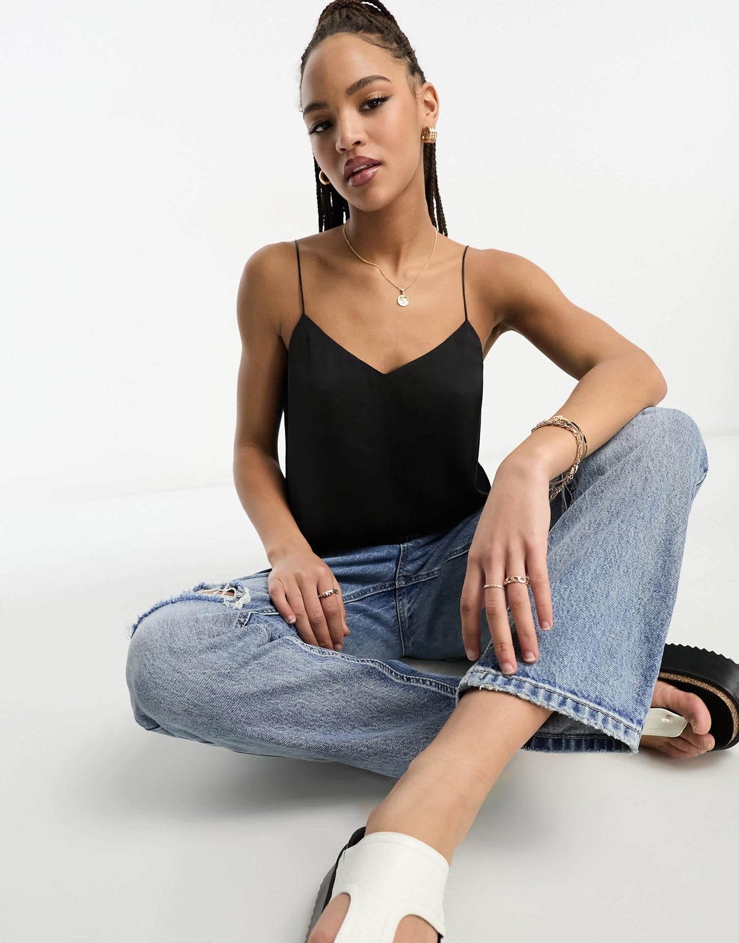 Stradivarius scoop neck satin cami in black