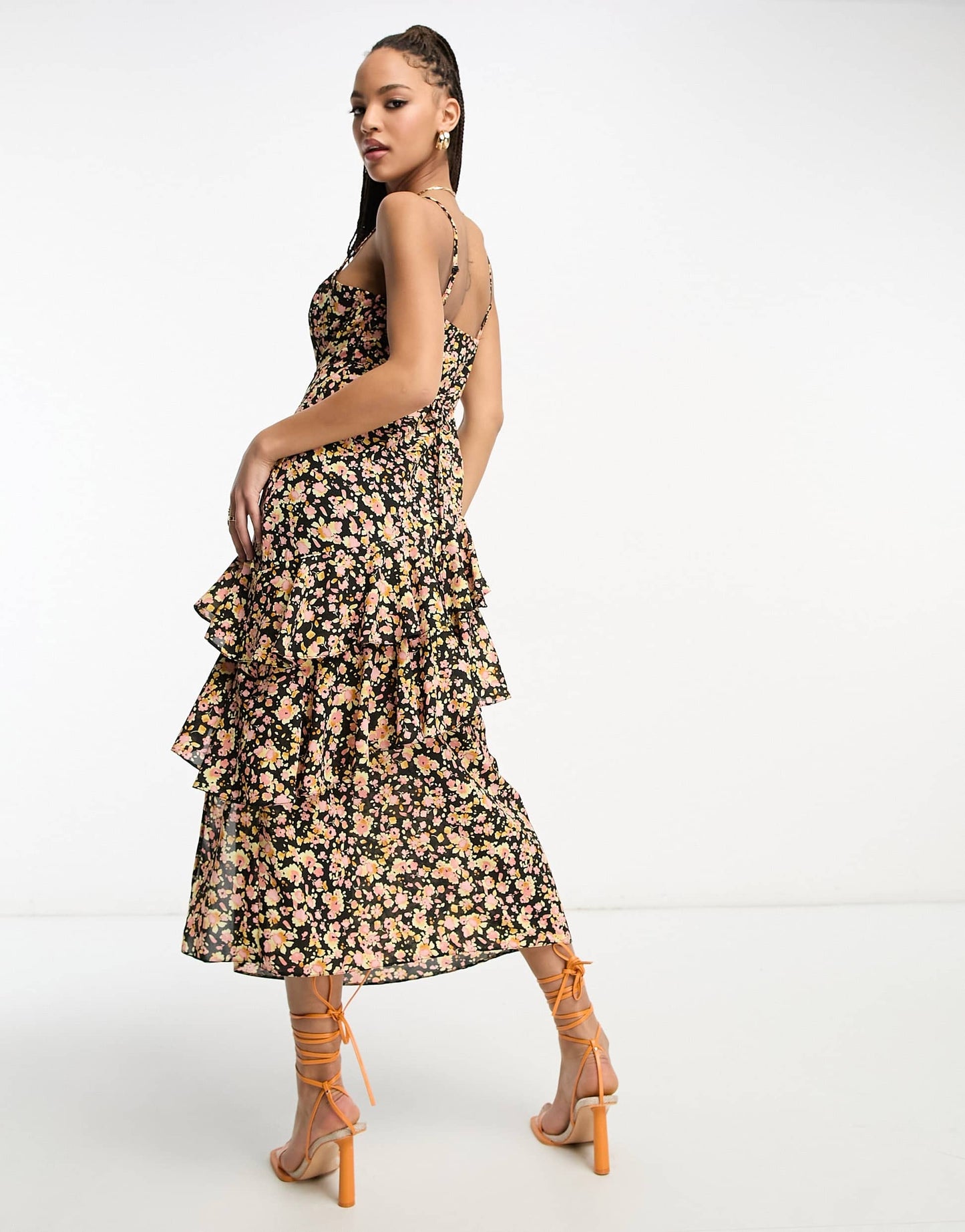 New Look ruffle midi dress in black floral print