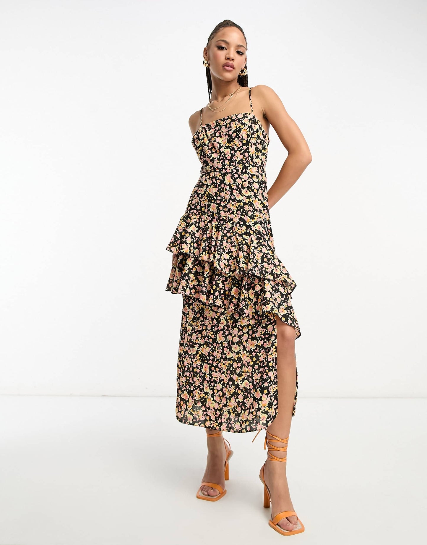 New Look ruffle midi dress in black floral print