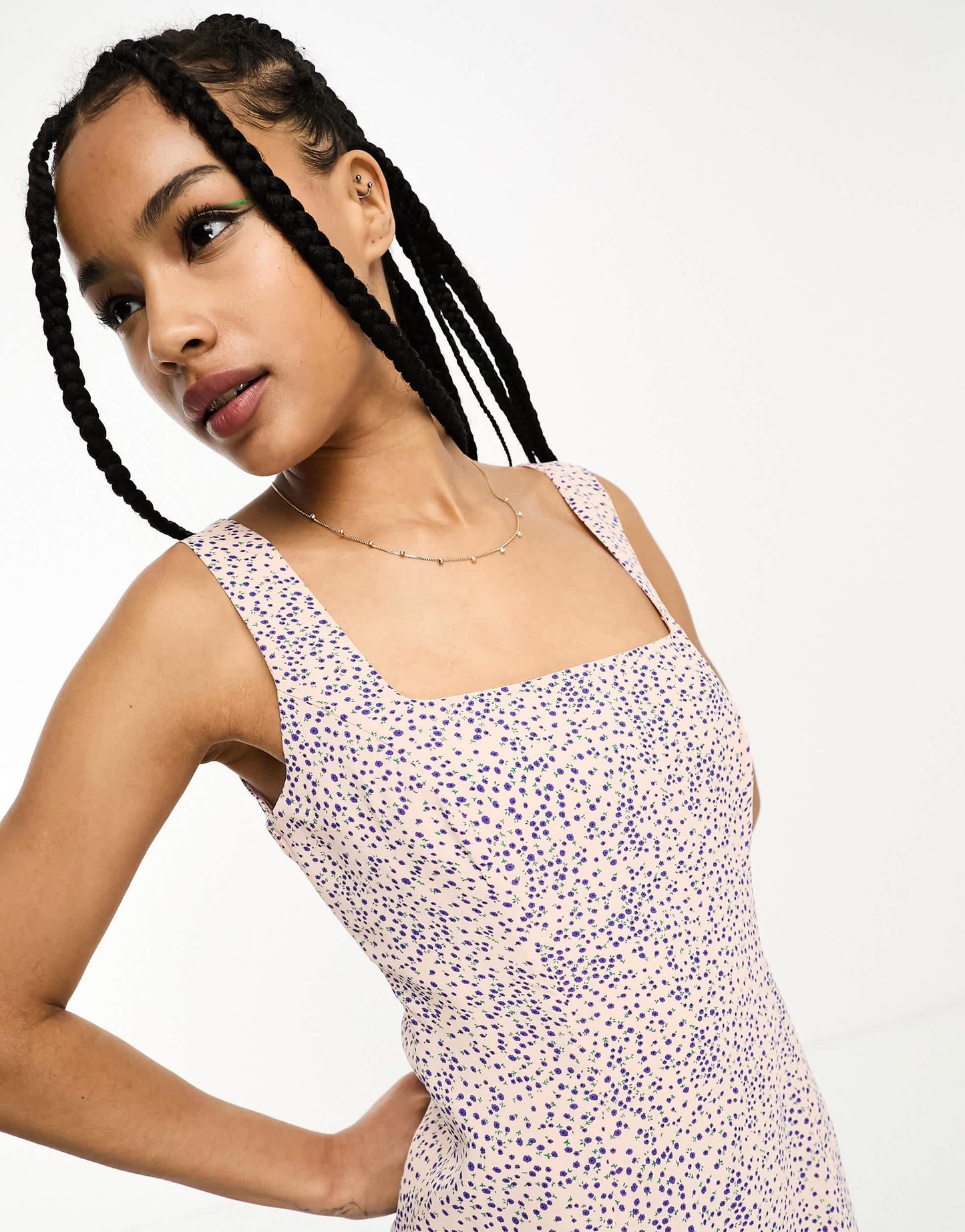 Glamorous Petite 90s fitted mini dress with thigh splits in cream blue ditsy